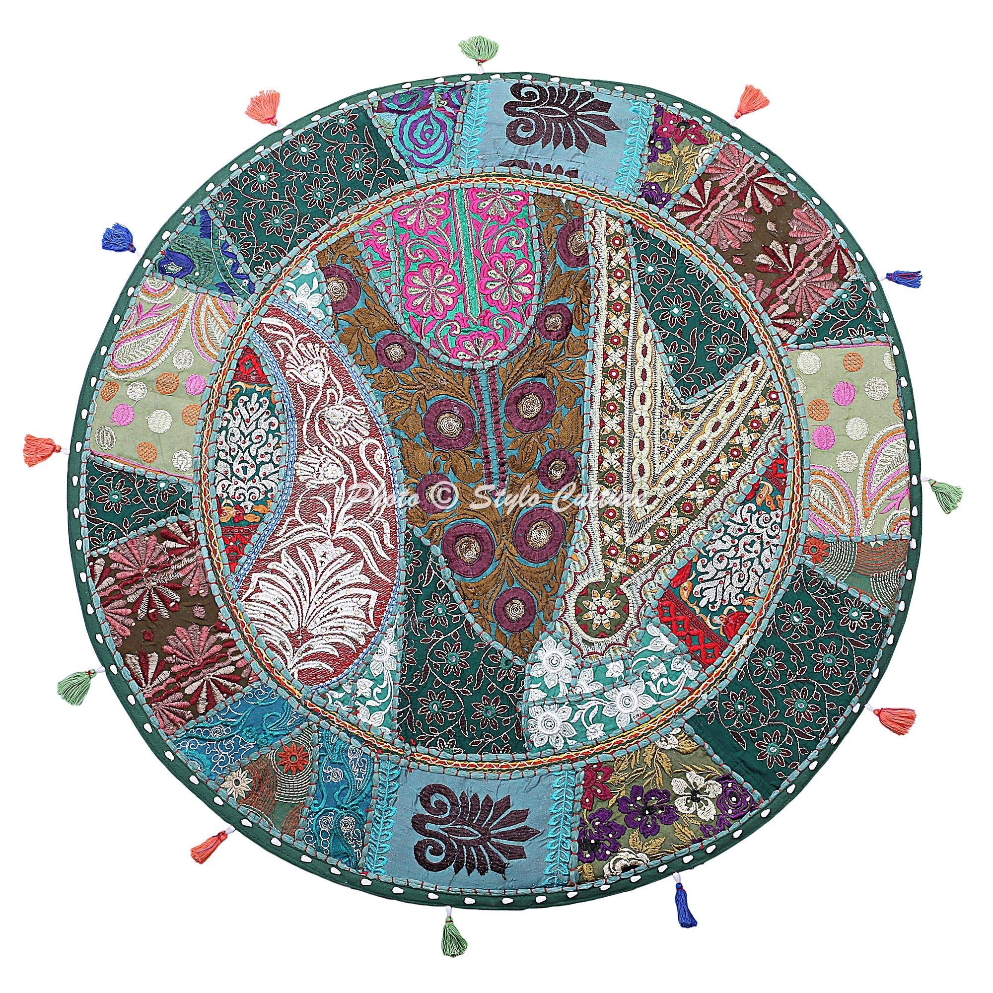 Stylo Culture Ethnic Round Floor Pillows For Children Scatter Cushion Cover Dark Green 70x70 cm Vintage Patchwork Lounge Boho Big Pillows 28 inch Hallway Cotton Embroidered Chair Seating Cover