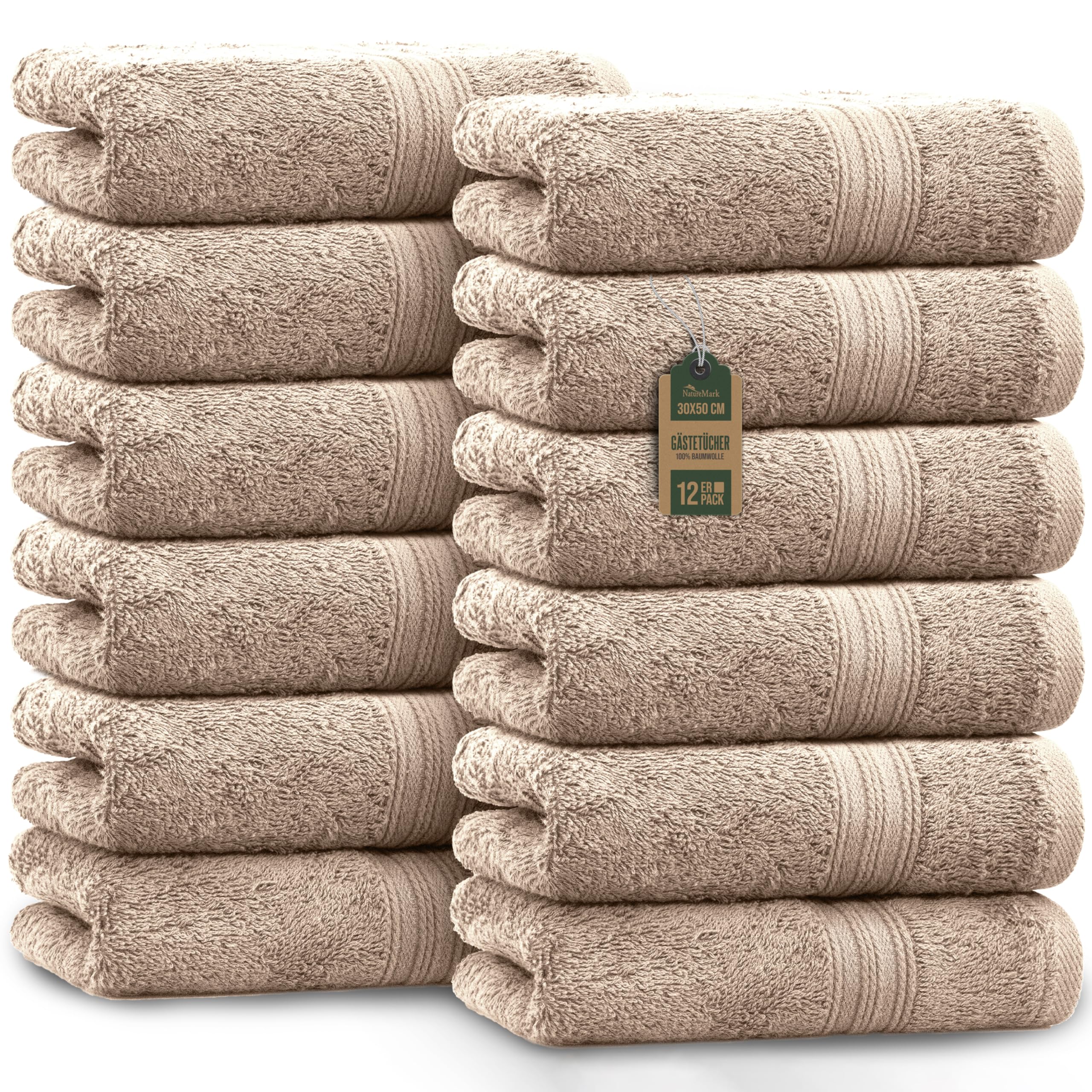 NatureMark Pack of 12 Guest Towels, 30 x 50 cm, 100% Cotton, Sand