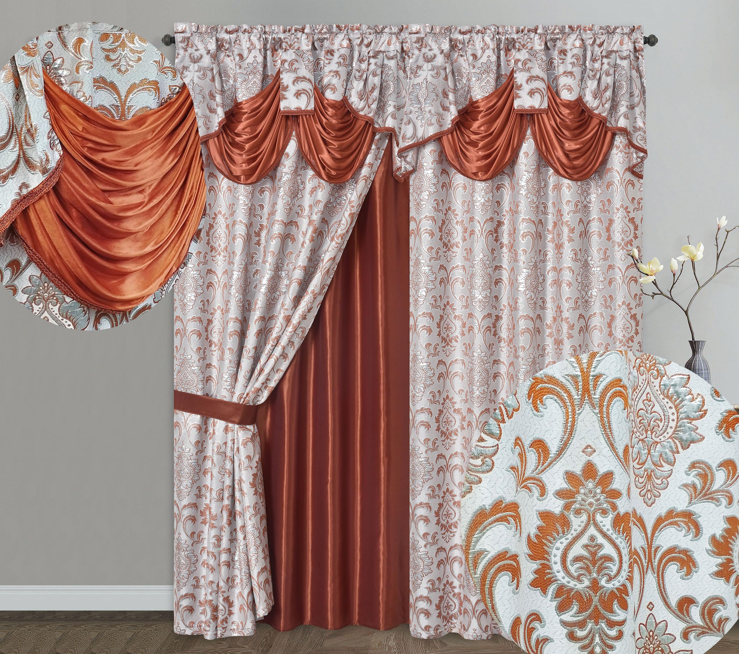 GOHD Samba Star. Jacquard Window Curtain Panel Drape with Attached Fancy Valance and Taffeta Backing. 2pcs Set. Each pc 54" Wide x 90" Drop with 18" Valance. (Rust)