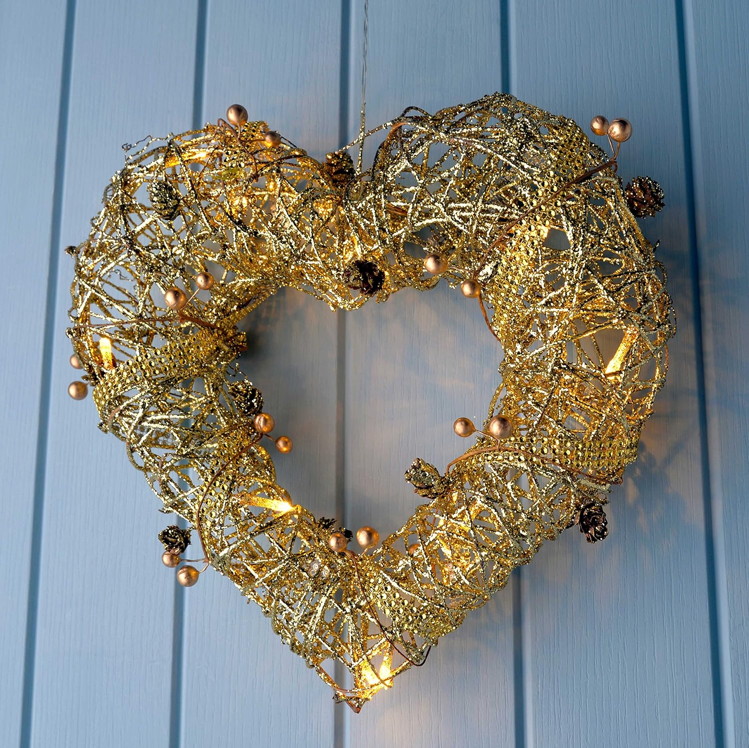 WeRChristmas Pre-Lit Rattan Warm White LED Heart Wreath with Beads and Pinecones, 33 cm - Gold, 33 x 36 x 10 cm - Image 5