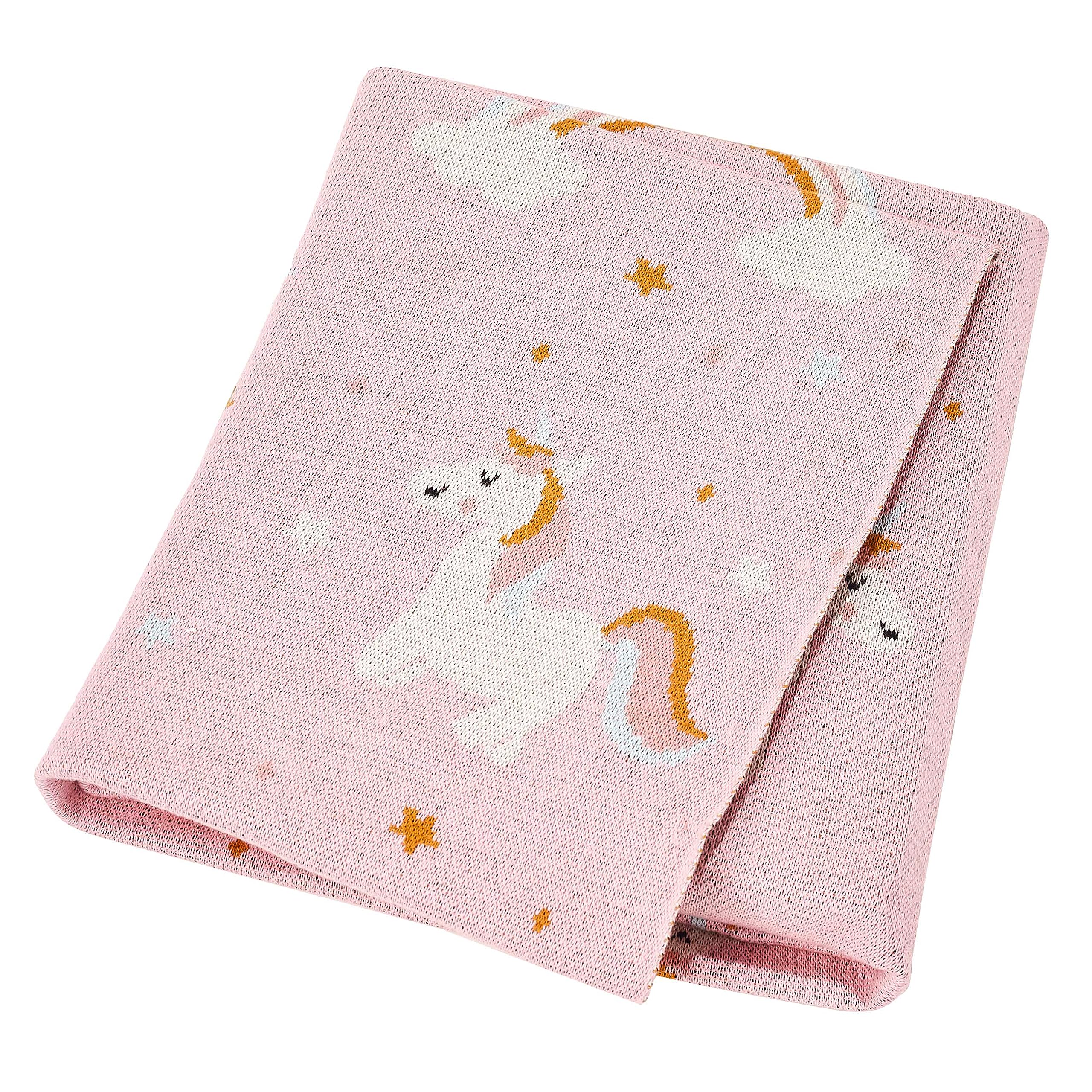 Nevni Cute Unicorn Knitted Soft Cotton Reversible Baby Blankets For Newborn Boy Girls, Pink, 80 cm x 100 cm