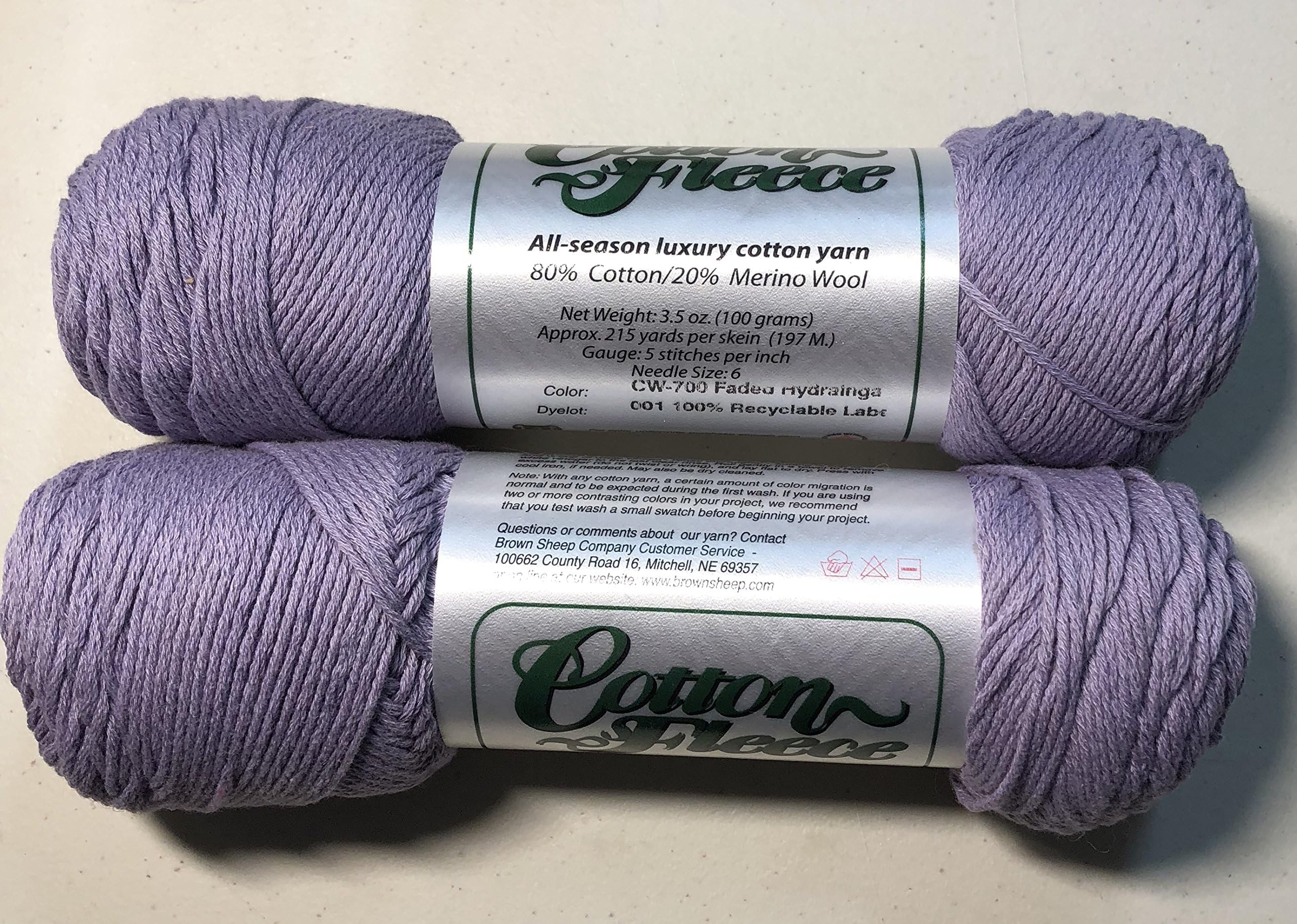 Yarn Place Brown Sheep Cotton Fleece Faded Hydrangea 2 Skeins Worsted - 1st Quality -
