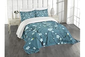 Lunarable Floral Bedspread, Sakura Tree Branches Pale Japanese Cherry Blossom Spring Form, Decorative Quilted 3 Piece Coverlet Set with 2 Pillow Shams, King Size, Slate Blue