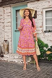 HECCPLI Women's Bohemian V Neck Floral Print A-line
