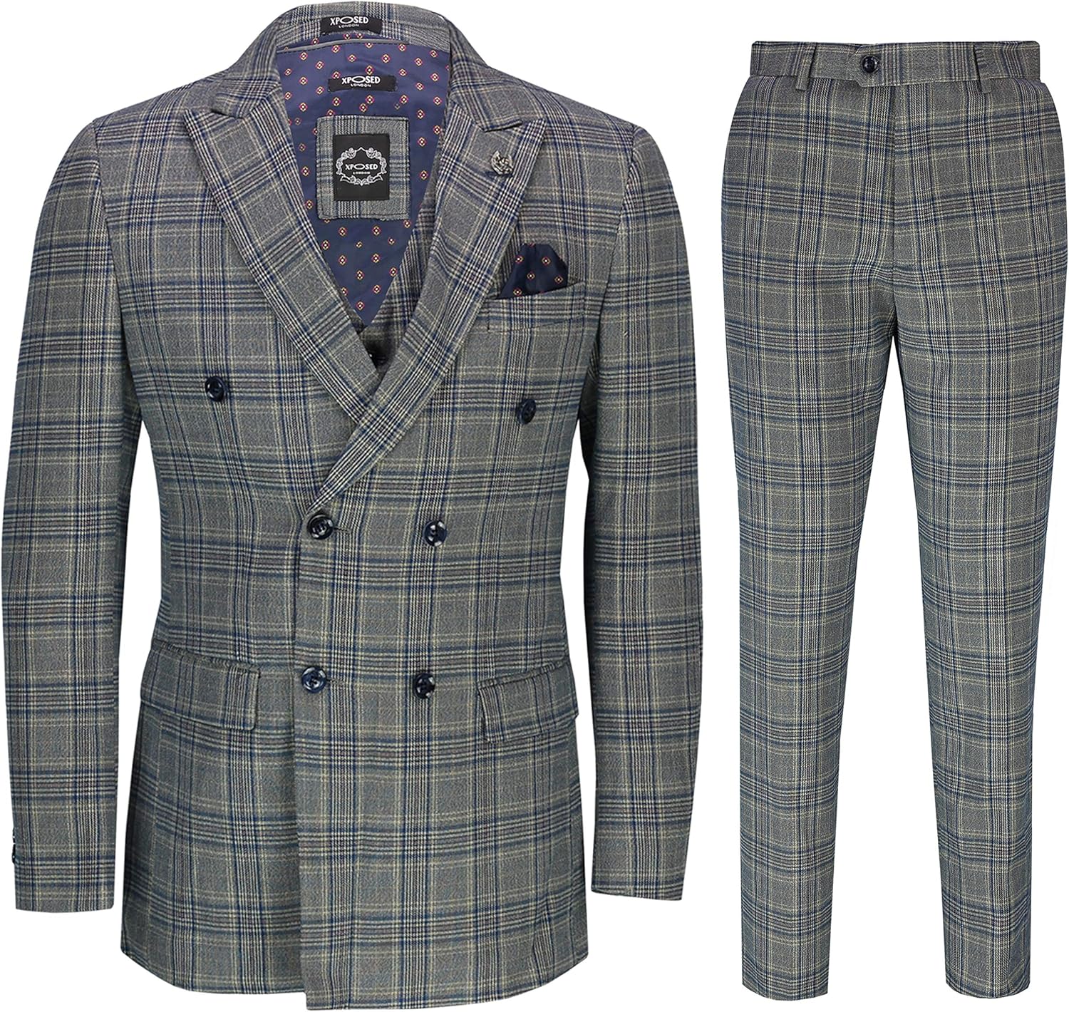 Mens 3 Piece Double Breasted Check Suit Tailored Fit Retro 1920s Style