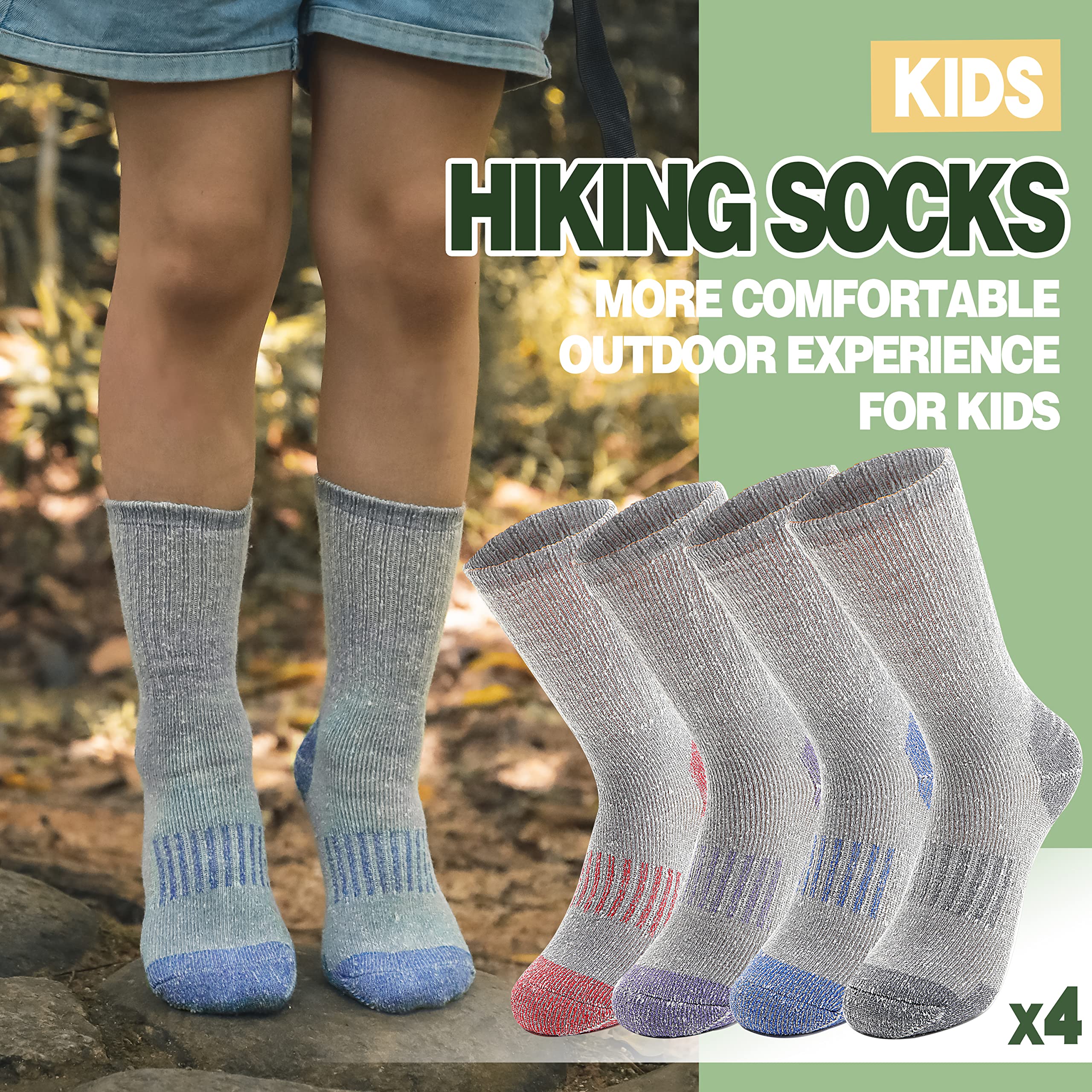 Sandsuced Kids Merino Wool Hiking Socks Girls Boys Toddler Winter Thermal Warm Cozy Boot Thick Cushion Socks 4 Pairs