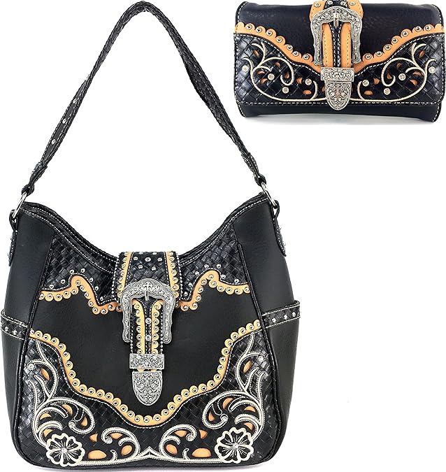 Justin West Floral Embroidery Weaved Rhinestone Buckle Concealed Carry