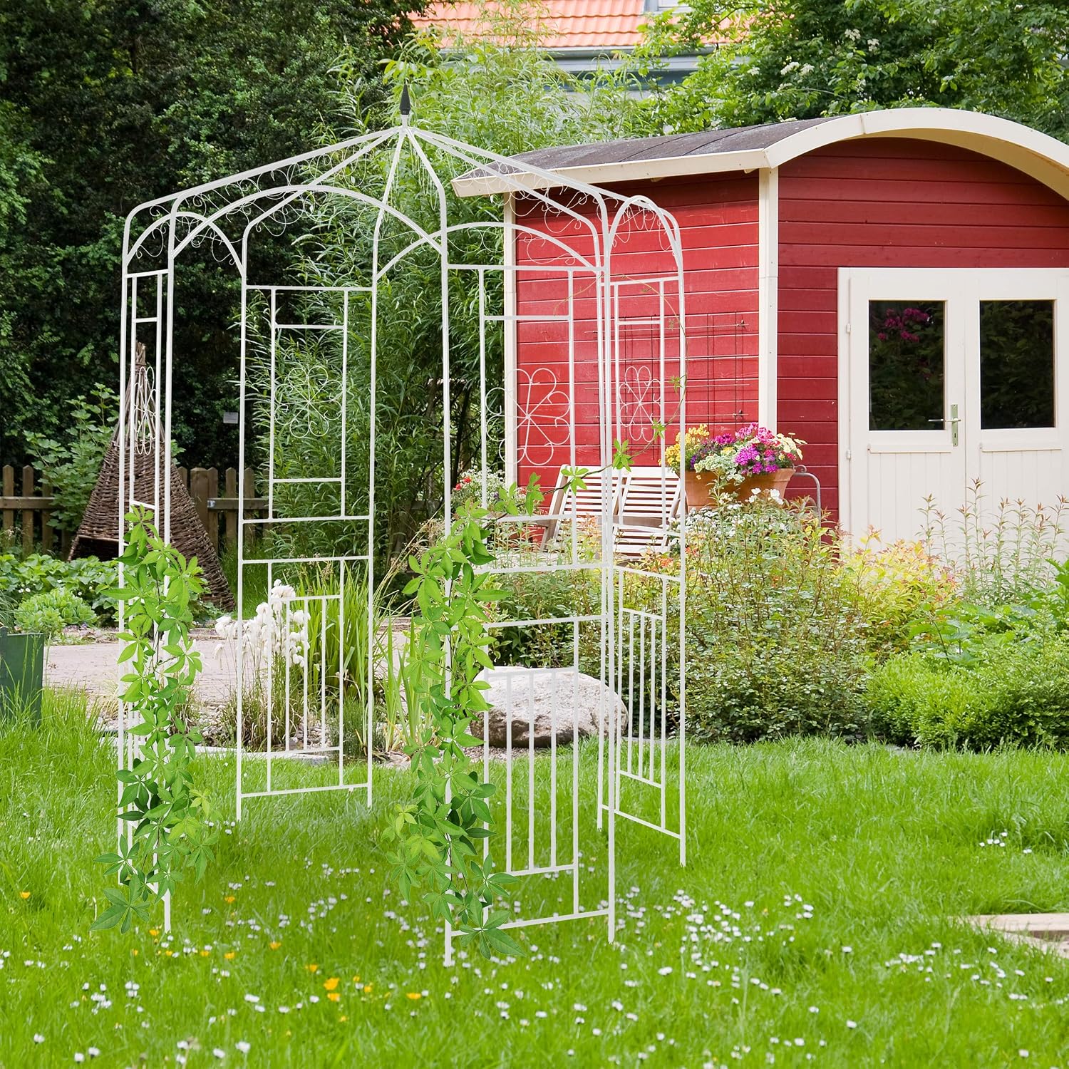 Relaxdays Metal Rose Pavilion, Growth Support, Garden Trellis, HWD 250x160x160cm, White, 250 x 160 x 160 cm - Image 4
