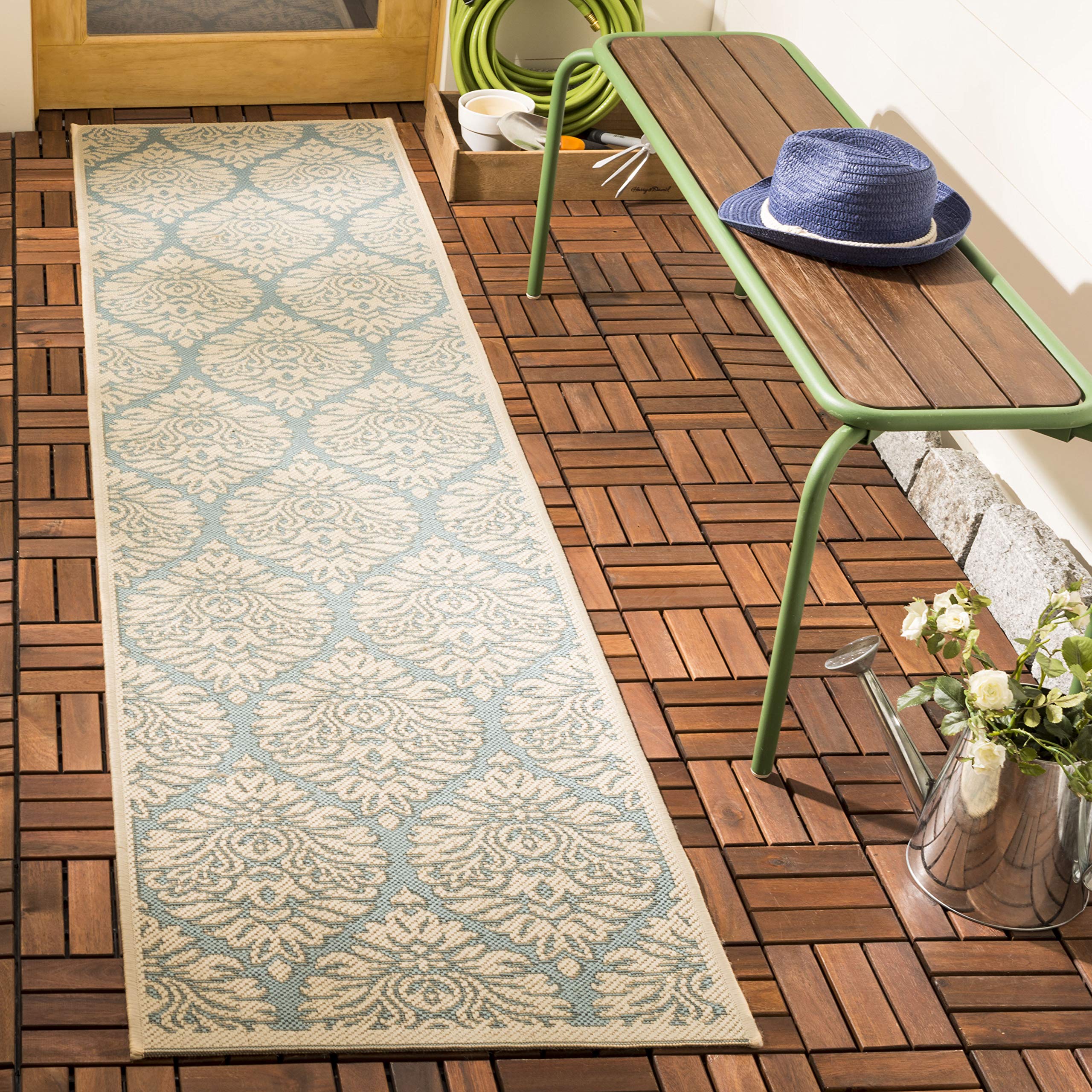 Safavieh Damask Indoor/Outdoor Woven Runner Area Rug, Beachhouse Collection, BHS135, in Aqua / Cream, 61 X 244 cm for Garden, Patio or Any Outdoor Space