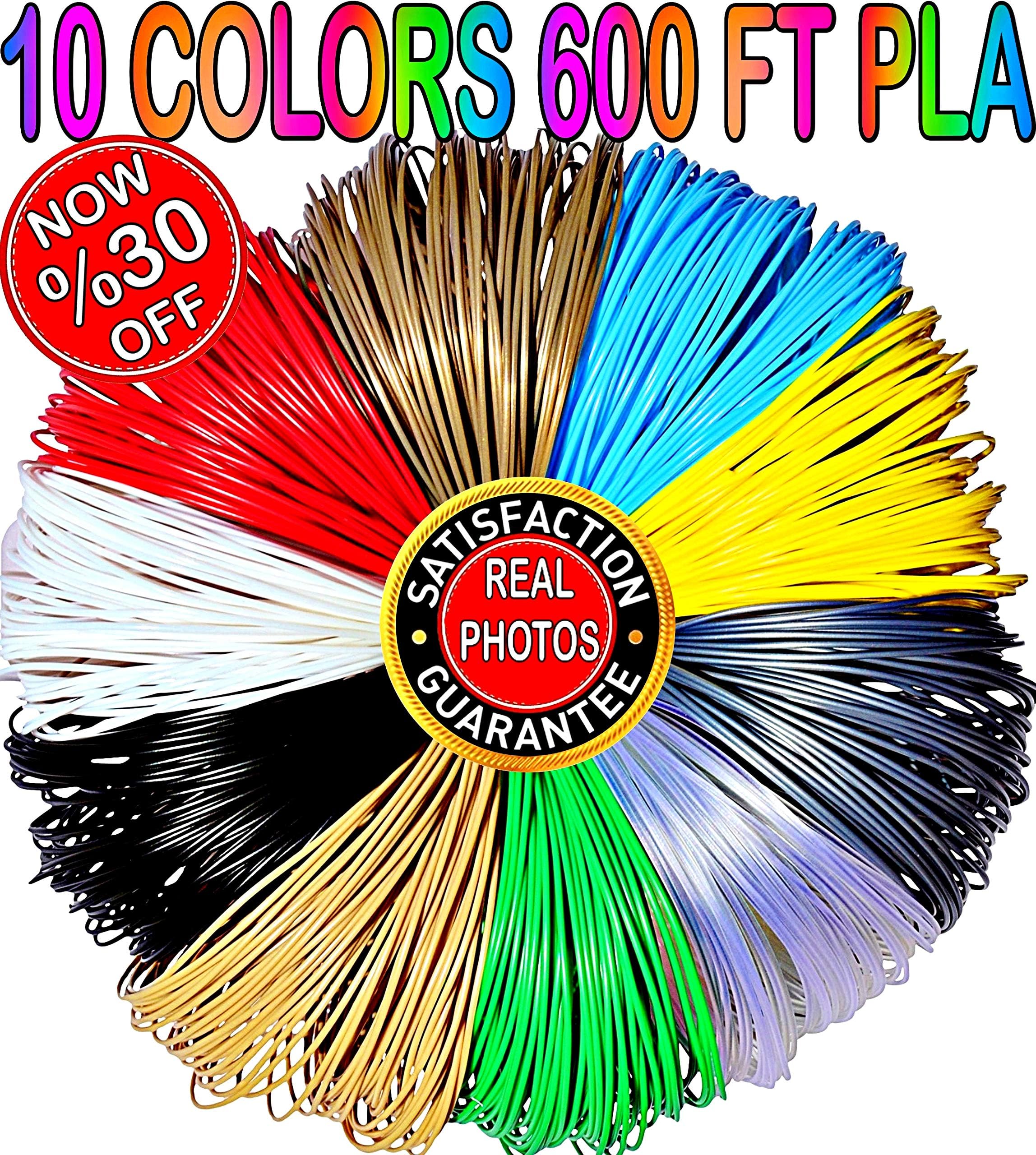 3D Printing Pen Filament Refills PLA 1.75mm Mega Kit/Set of 10 Vibrant Colors 60 Feet Each Total 600 Feet with Individual Packs for 3D Drawing Pens and Printers-Gift for Kids Teens Adults