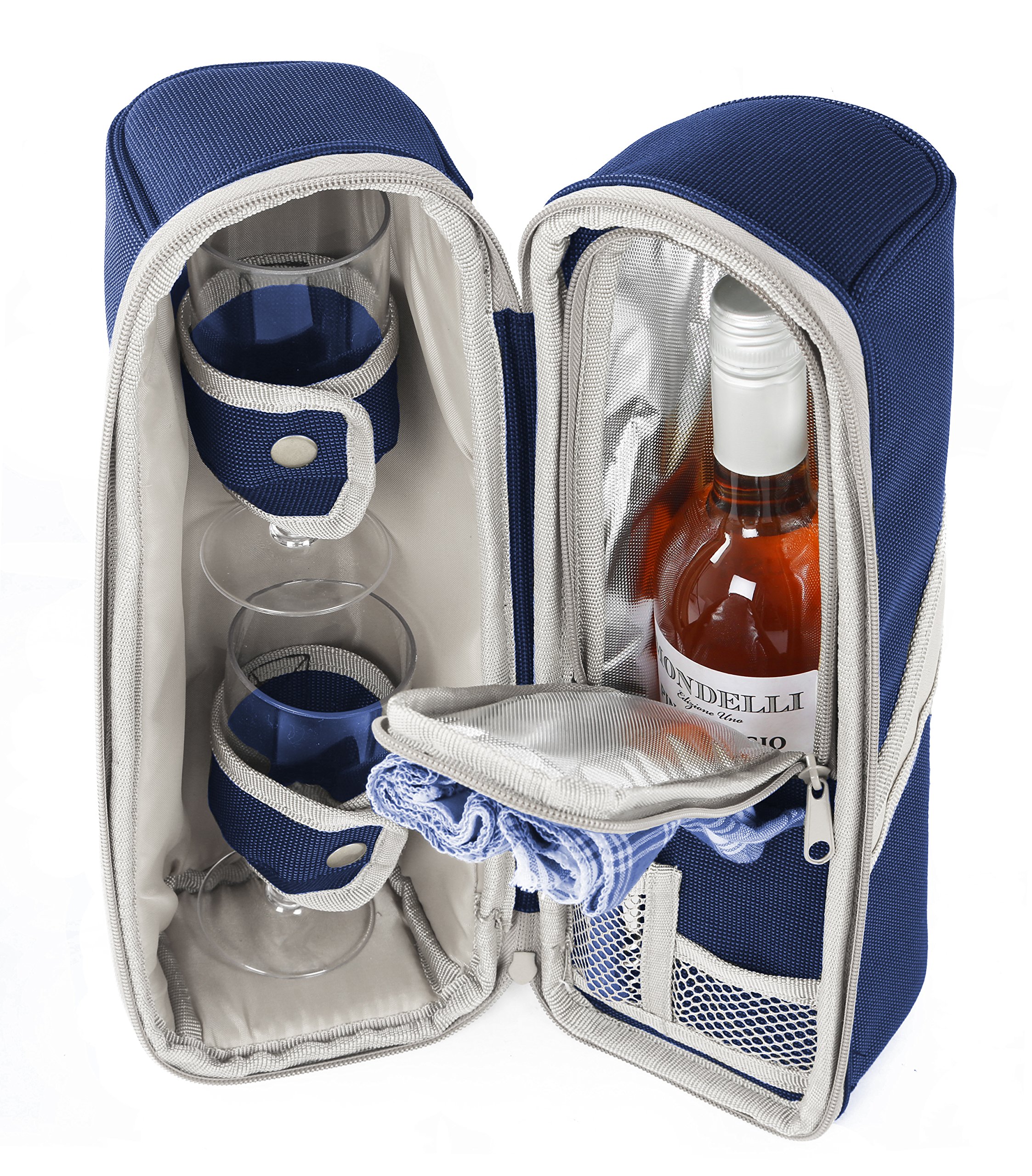 Greenfield Collection 2 Person Insulated Deluxe Wine Cooler Bag with Accessories, Perfect for Picnic, Camping, and Beach (Navy Blue)