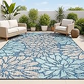 JONATHAN Y Floral Textured Weave Indoor Outdoor Area Rug 8X10 Navy/Aqua, Zinnia Modern for Backyard, Patio, Porch, Easy-Clean