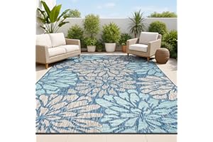 JONATHAN Y Floral Textured Weave Indoor Outdoor Area Rug 8X10 Navy/Aqua, Zinnia Modern for Backyard, Patio, Porch, Easy-Cleaning, High Traffic, Pet-Friendly, Non-Shedding (SMB110C-8)