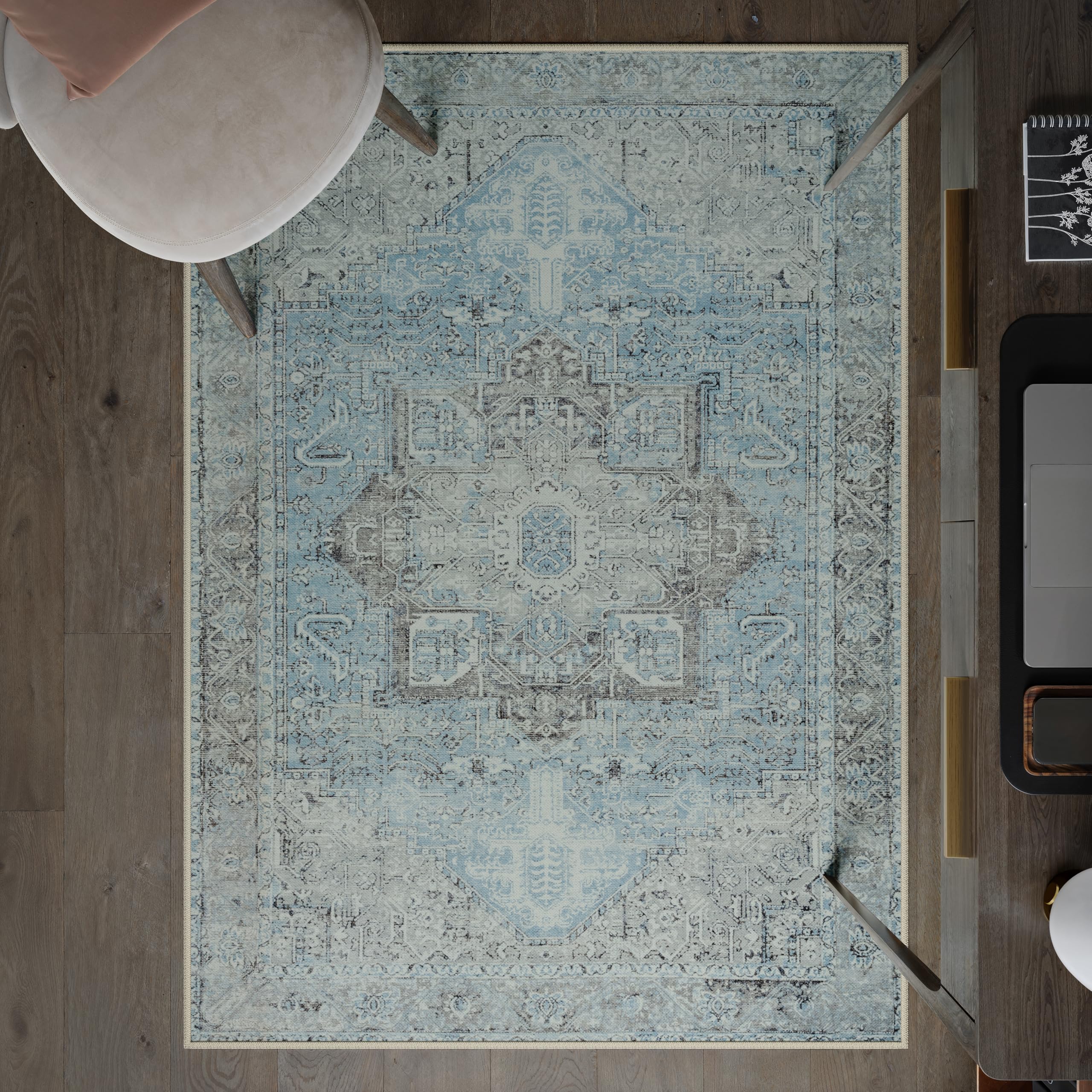 artyrugs Machine Washable Rug, 122x170cm, 75% Recycled Cotton, Short Pile, Non-Slip Backing, Non-Shedding, Suitable for Living Room, Bedroom, Kitchen, Hallway, Office, Daylight Blue & Silver