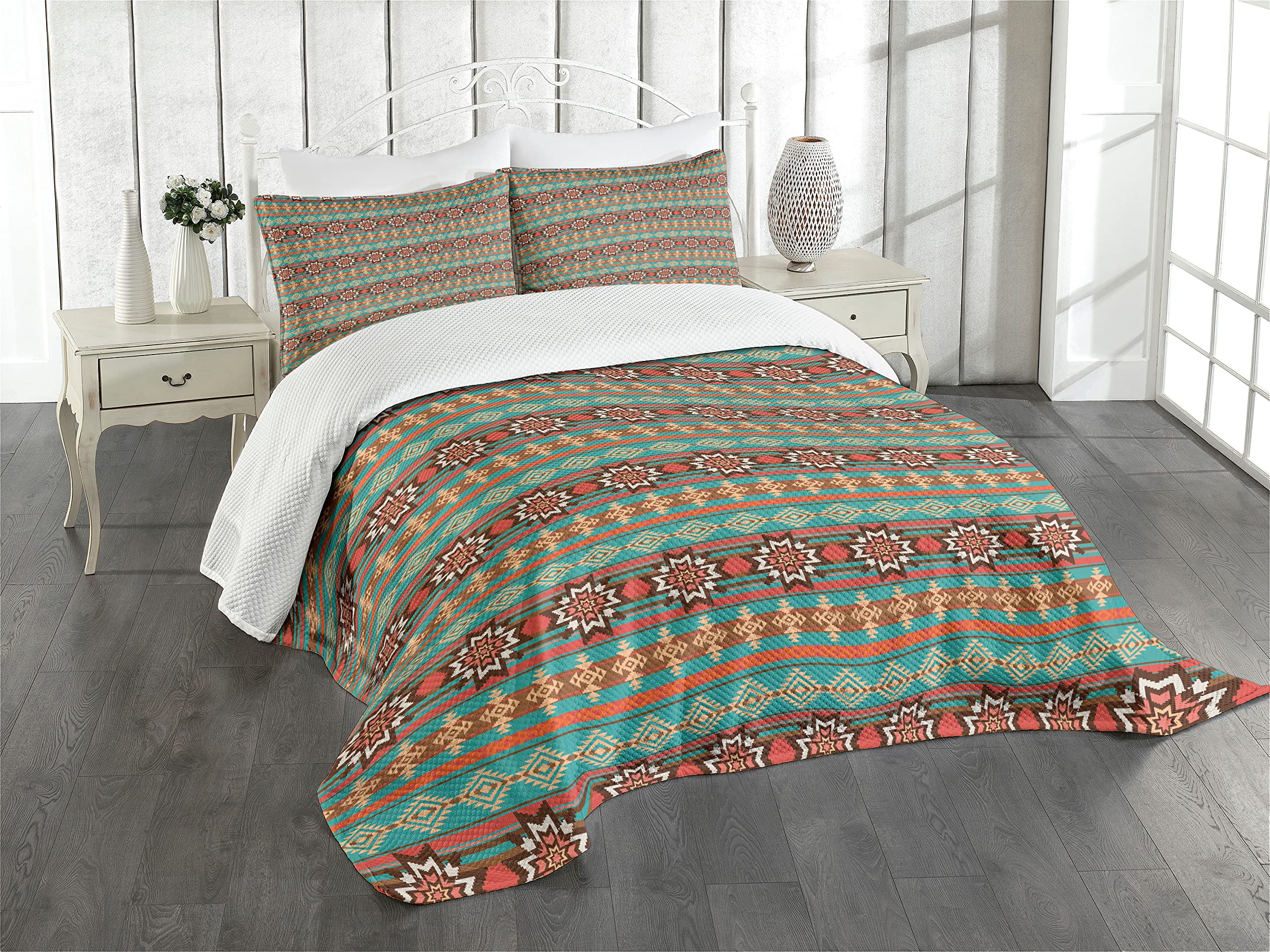 ABAKUHAUS Colorful Bedspread Set, Sign Motif, Decorative Quilted 3 Piece Coverlet Set with 2 Pillow Shams, Coral Teal