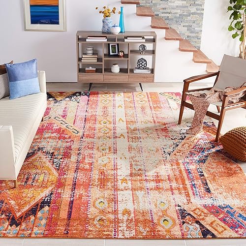 Safavieh Monaco Collection MNC222H Boho Chic Tribal Distressed Non-Shedding Stain Resistant Living Room Bedroom Area Rug, 5' x 5' Square, Orange / Multi