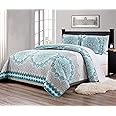 Mk Collection 3pc Full/Queen Size Bedspread Quilt Over Size 106" x 95" Aqua Turquoise Coastal Plain Grey Green White Elegant Design # Oslo Aqua