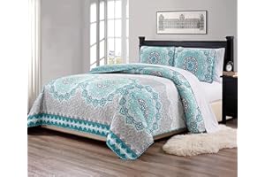 FANCY LINEN Fancy Collection 3 Pc Bedspread Bed Cover Over Size New (King/California King, Aqua Grey Floral)