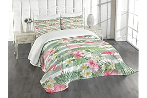 Ambesonne Flamingo Bedspread Set, Flamingos with Exotic Hawaiian Leaves Flowers on Striped Vintage Background, 3 Piece Decorative Bedding Coverlet and 2 Pillow Shams, King Size, Green Pink White