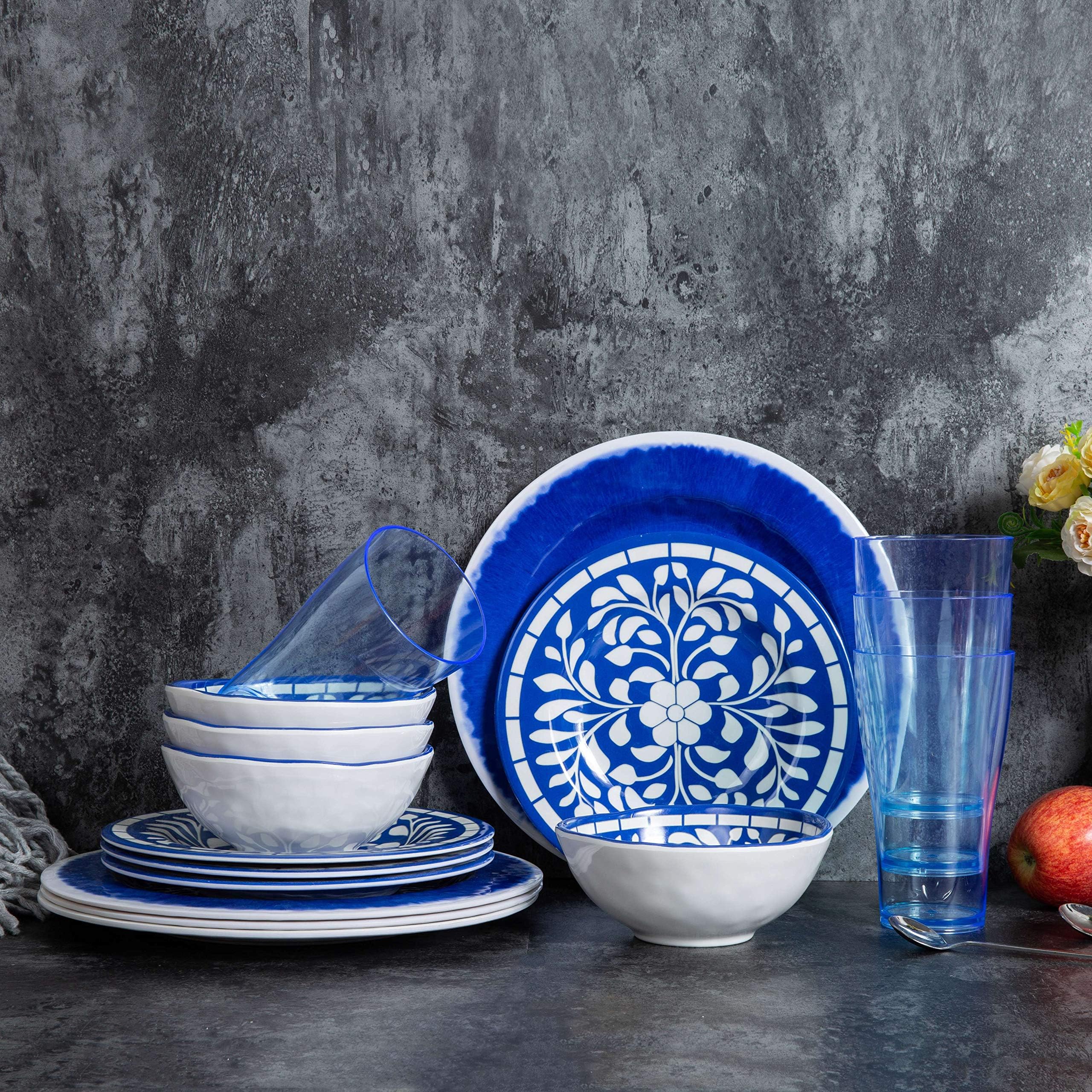 16-Piece Melamine Dinnerware Set, Dinner Plates, Salad Plates, Bowls, Cups, Service for 4, Blue