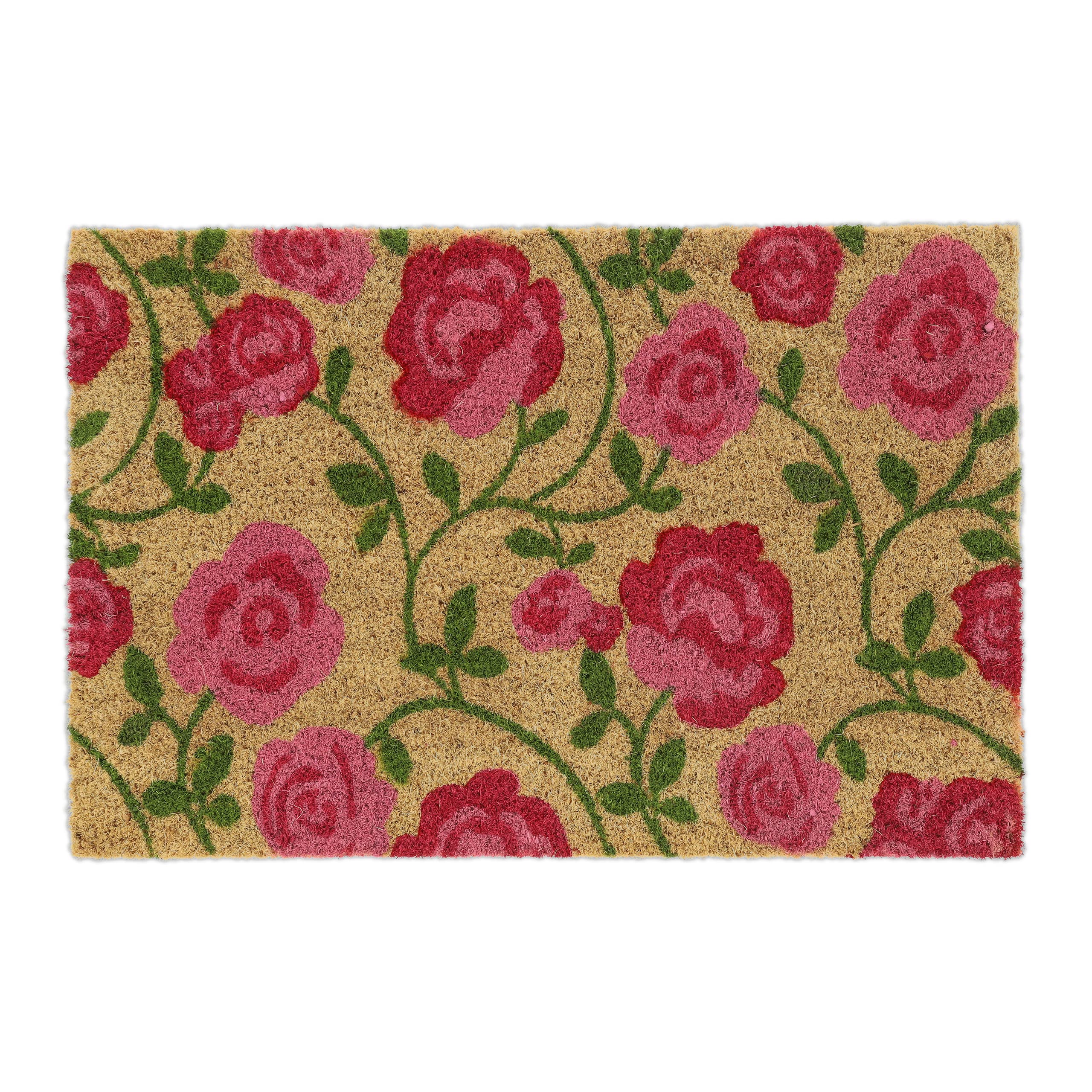 Relaxdays Flowers Roses Welcome Doormat Coir Rubber, 40 x 60 cm, Door Mat Inside & Outside, Non-Slip, Pink/Coir
