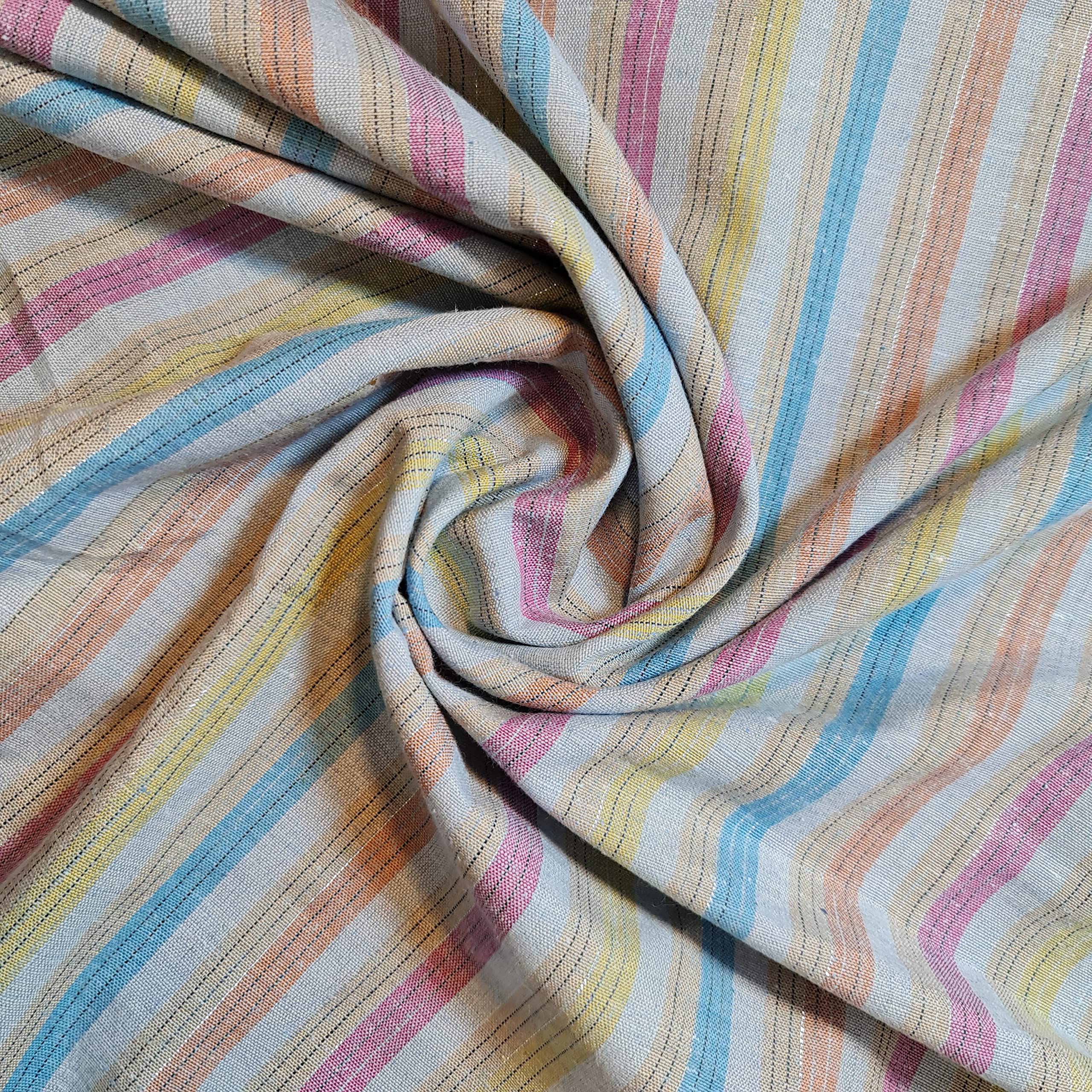 Soft Linen Look Lurex Stripe 100% Cotton Fabric Curtain Material Dress Craft 44" (Pale Blue Multi Lurex)