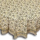 India Arts Hand Block Print Tablecloth Round 72 inch, 100% Cotton Black Yellow Green Floral Table Cloth for Kitchen Dining Linen, Weddings, Holiday Party, Restaurant, Spring/Summer/Fall Home Decor