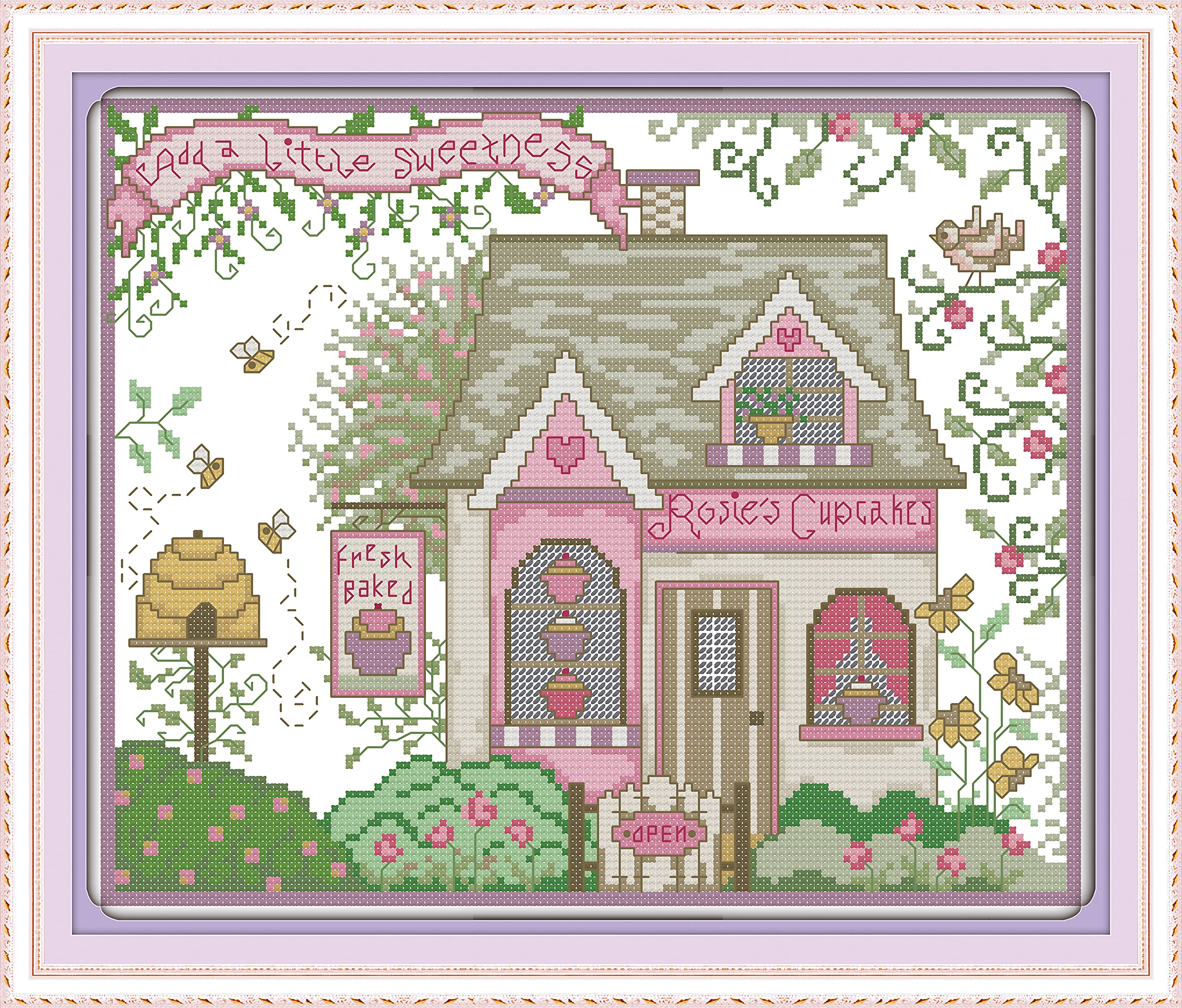 OWN4B Cross Stitch Kits Stamped, Tea House Printed Pattern 11CT 16.5x14.2 inch DIY Embroidery Kit