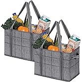 VENO 2 Pack 8 Gallon Reusable Grocery Bags, Extra Large Shopping Bags for groceries, Utility Tote with Handles and Hard Bottom, Foldable Cart Organizer, Water Resistant, Heavy-Duty (Windowpane)