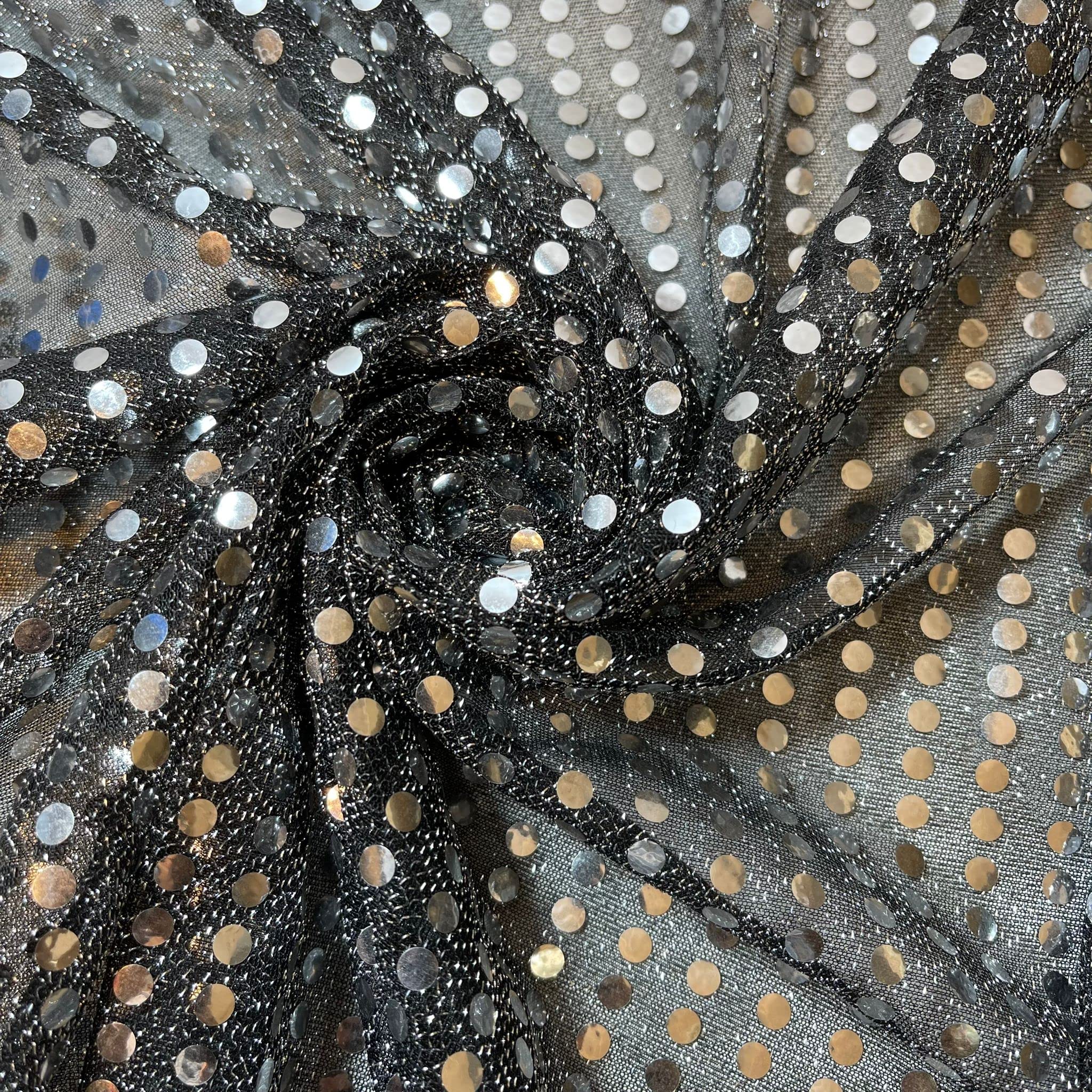 Sequin Jersey Shiny Sparkly Nylon Fabric Fancy Dress Metallic Costume 44" Meter (Black Silver 3mm)