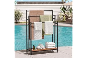 CRESO HOM 46" Extra Large Freestanding Towel Rack Stand for Bathroom, 3 Tier Blanket Ladder Holder, Outdoor Bath Towel Drying Rack with Shelf, Next to Tub or Shower, Quilt Rack, Rustic Brown Black