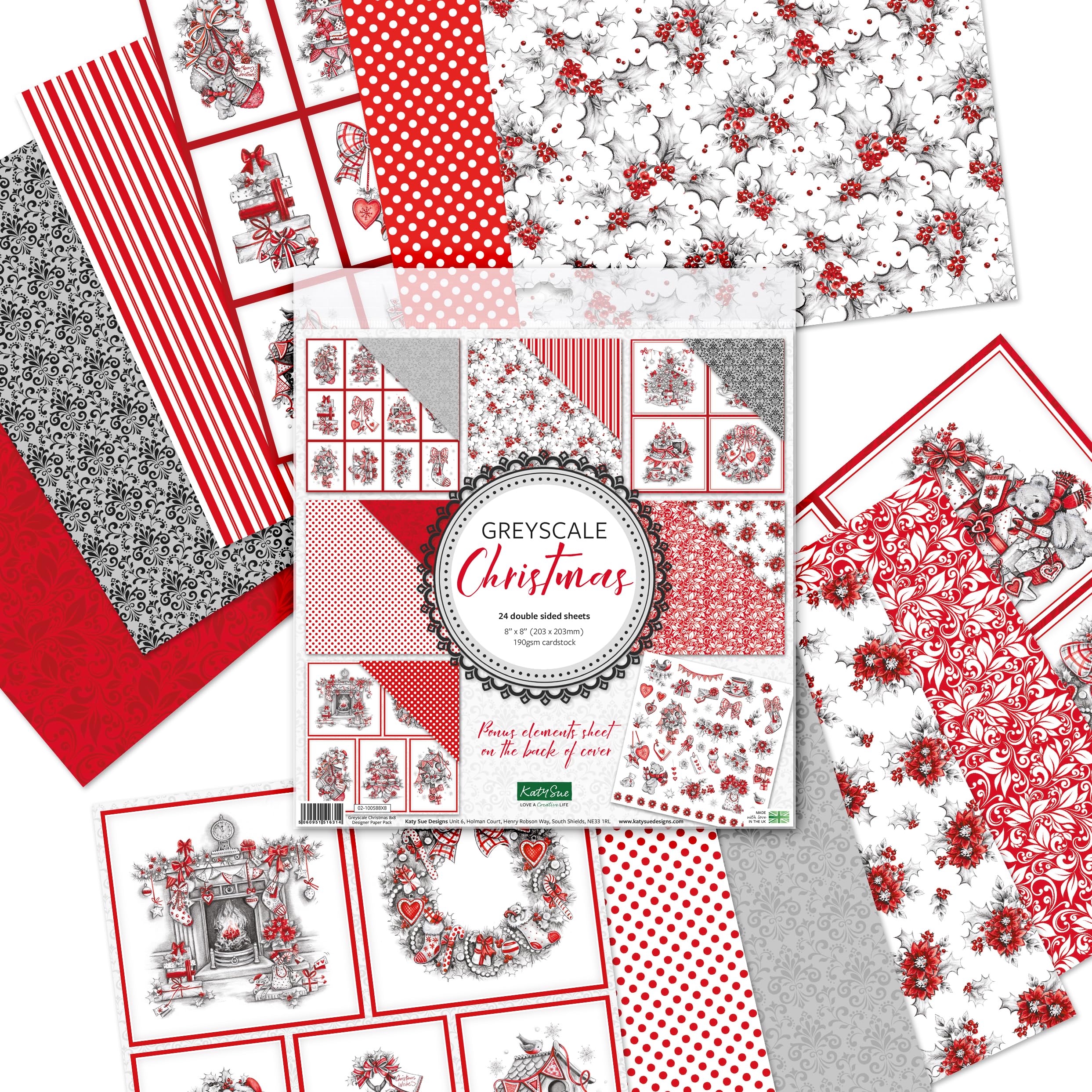 Katy Sue Greyscale Christmas 8 x 8 Inch Designer Premium Paper Pack - 24 Sheets of 190GSM Double-Sided Papers Featuring Christmas Imagery in Greyscale & Red - for Card Making & Scrapbooking.