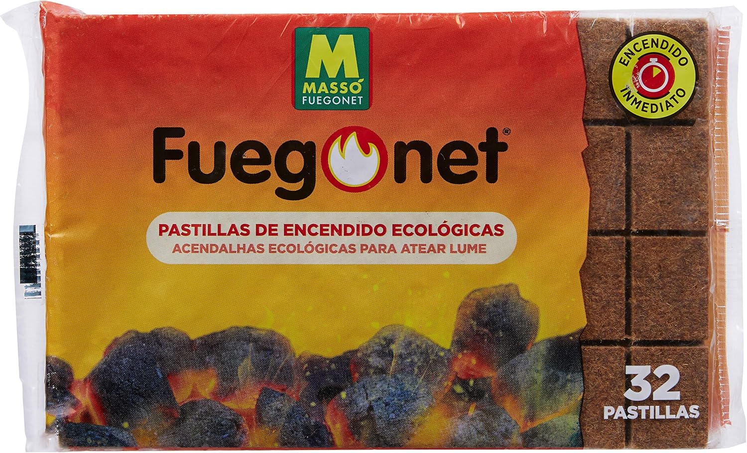 Massó Fuegonet Eco-Friendly Lighter Tablets for BBQs and Fireplaces 1 Pack of 32 Tablets, brown, 18.2x3x12 cm
