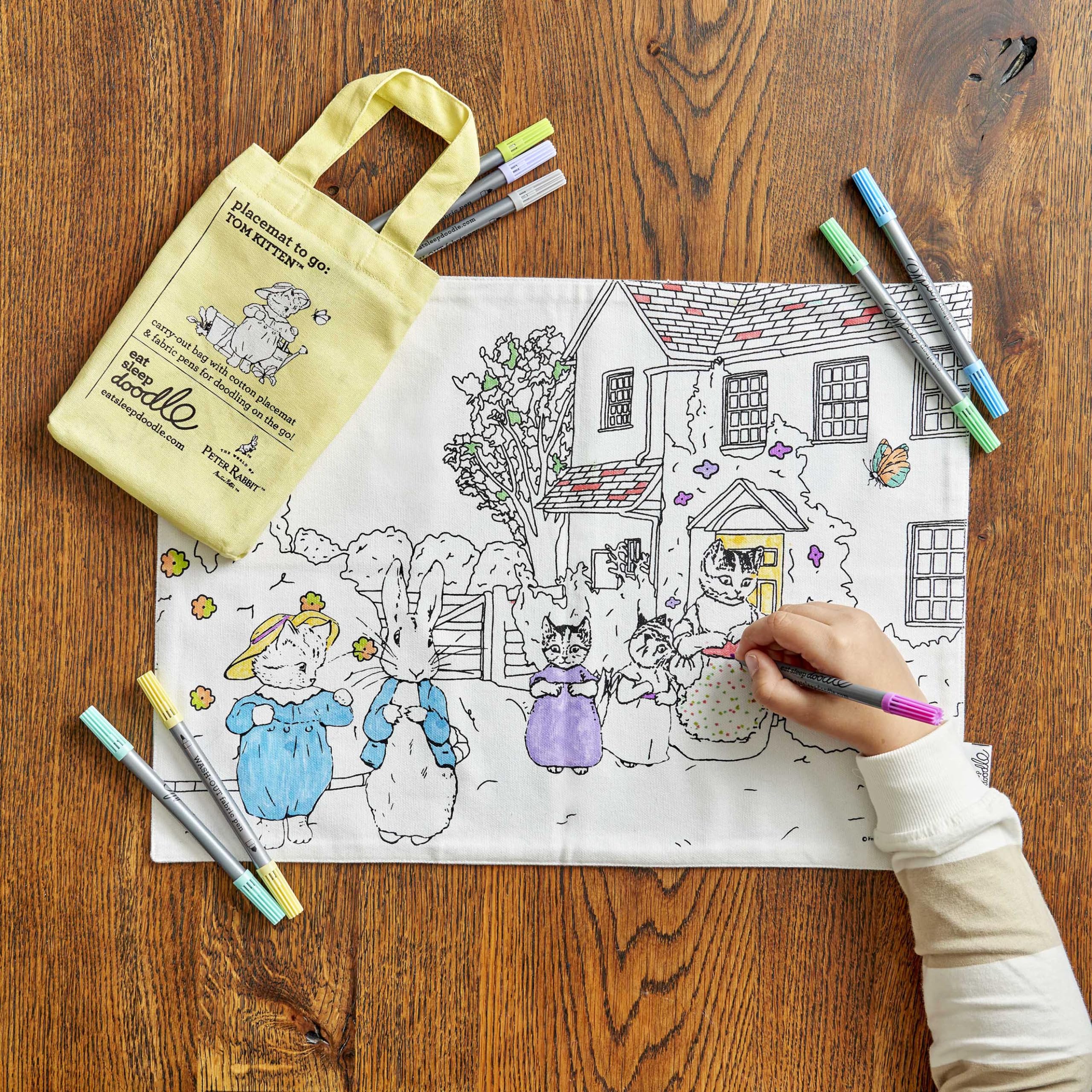 eatsleepdoodle Peter Rabbit™ and Friends Colouring Placemat for Kids w/10pk Washable Markers for Kids – 33x47cm Tom Kitten™ Colouring Placemat – Ultra Washable & Reusable Arts and Crafts for Kids