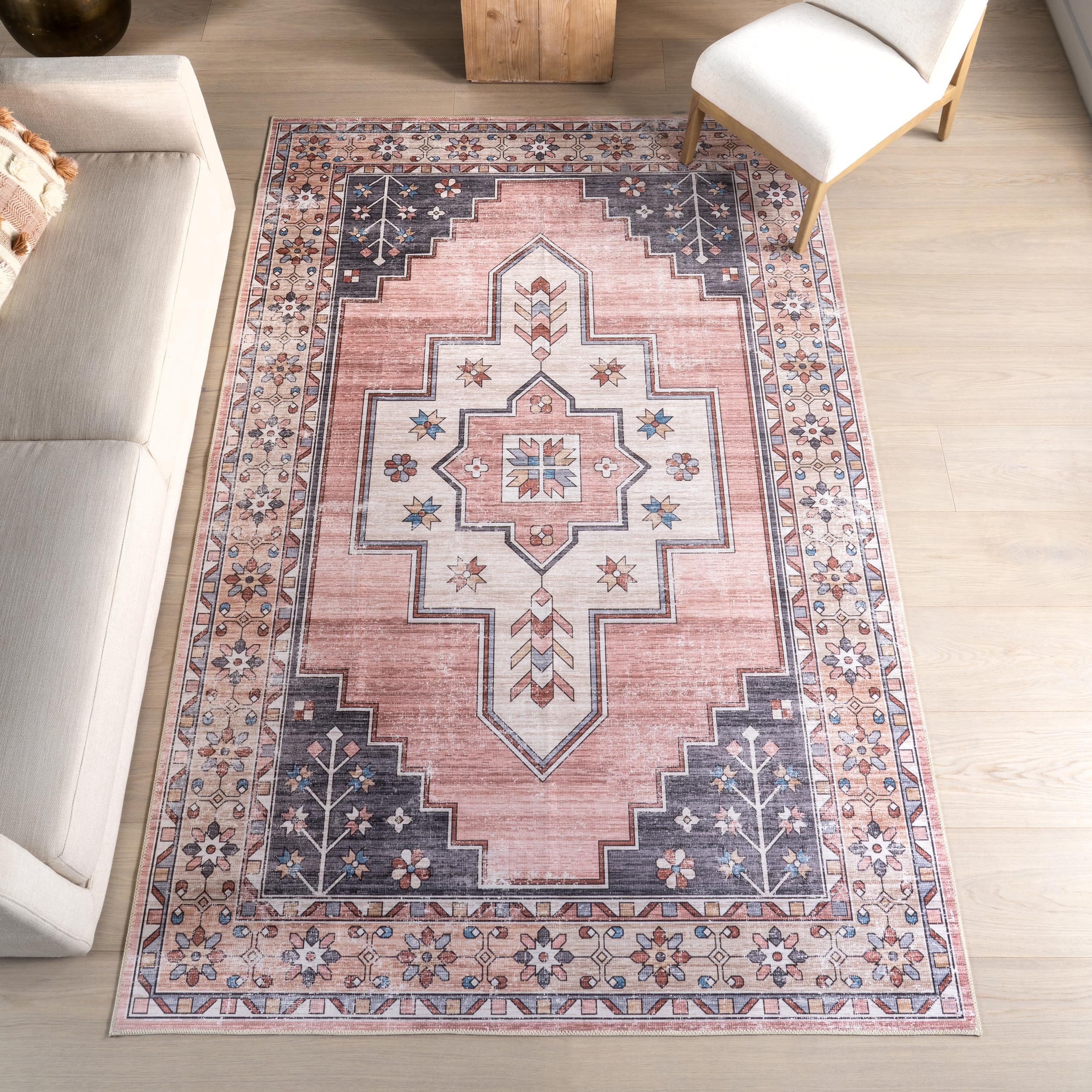 nuLOOM 2′ x 8′ Splashguard Machine Washable Area Rug with Waterproof Spill Proof Surface, Non Slip Backing and Stain Resistant for Living Room, Bedroom, Kitchen, Dining Room, Pavani Blush