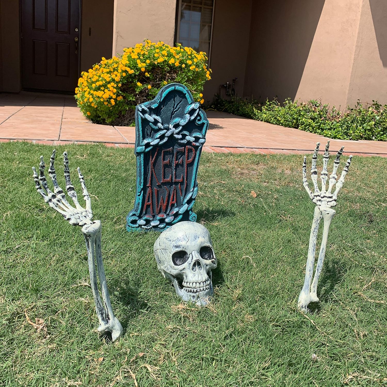 Halloween Skeleton Stakes with 17” Graveyard Tombstone Set Headstone Decorations & Ground breaker Set for Best Halloween Yard Decorations Outdoor: Garden & Outdoor