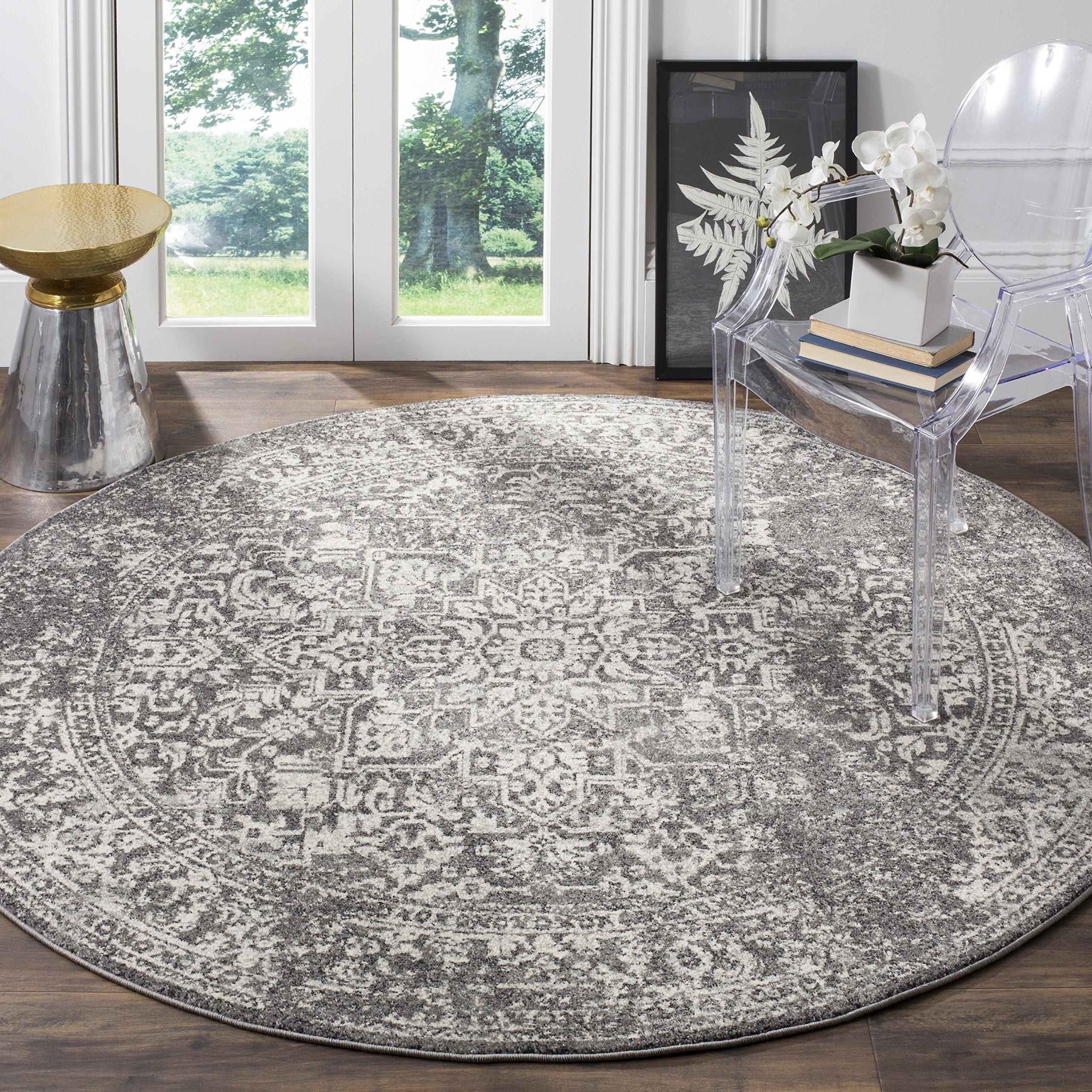 SafaviehEvoke Collection Area Rug - 5'3" Round, Grey & Ivory, Oriental Distressed Design, Non-Shedding & Easy Care, Ideal for High Traffic Areas in Living Room, Bedroom (EVK256D)