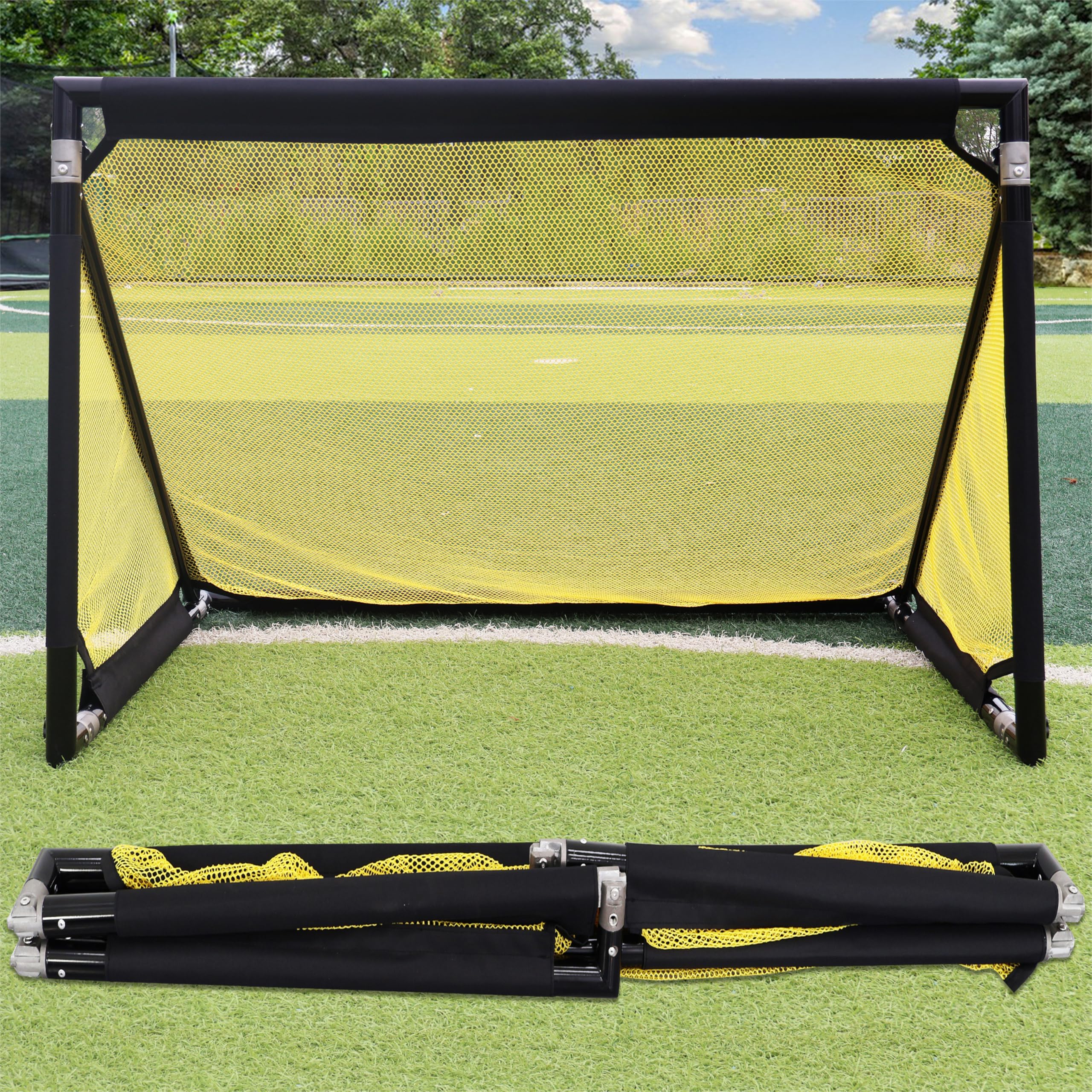 Photo 1 of Patented Aluminum Soccer Goal – No-Wobble Design, 10 Second Quick Fold, 4x2.5/5x3/6x4 FT Portable Football Goals for Backyard, Mini Soccer Goal for All Ages Training & Travel with Carry Bag