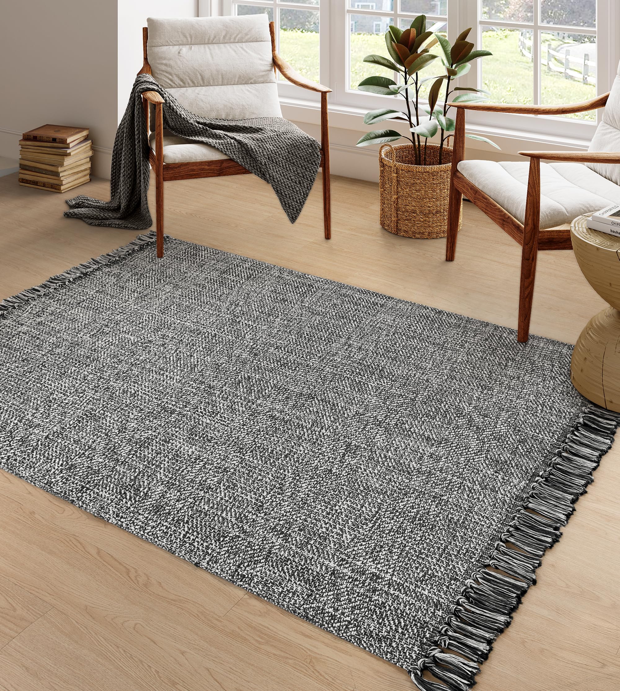 Photo 1 of Collive Comfy Area Rug 4' x 6', Grey/Cream Woven Cotton Bedroom Rugs, Modern Indoor Accent Rug Floor Carpet with Tassel for Living Room, Nursery Room, Dining Room, Bedside, Office, Patio Decor