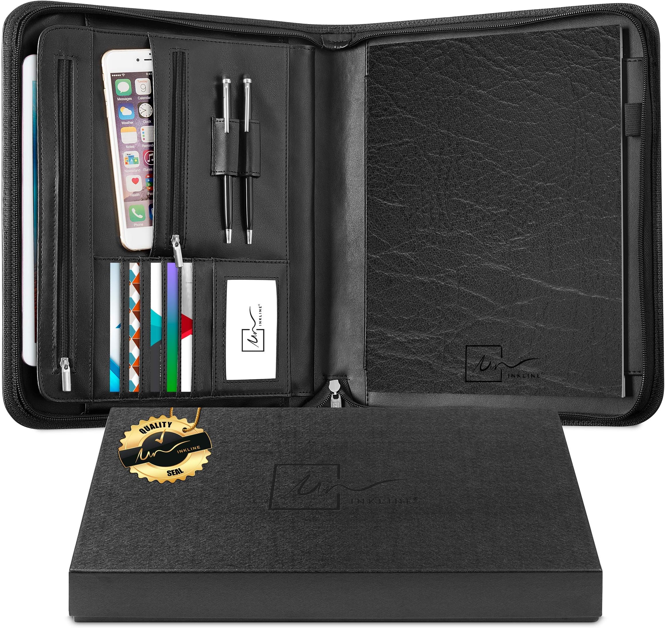 Inkline Professional Business PU Leather Business Portfolio with Zipper -Vegan Leather Zippered Padfolio All-in-One -Document+Card Storage, Writing Pad, Large Tablet Pocket, 2 Stylus Pens(80110)
