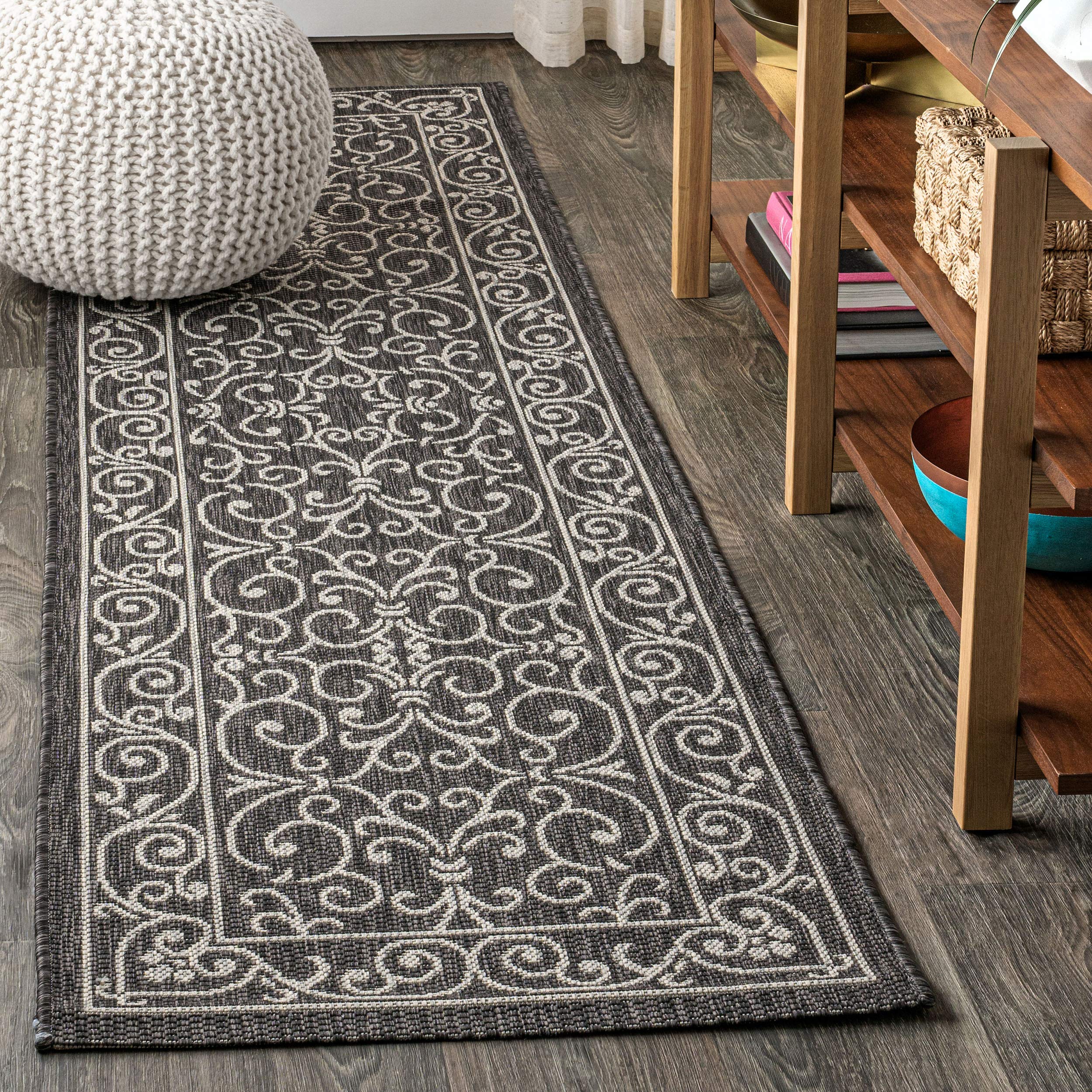 JONATHAN Y Vintage Filigree Indoor Outdoor Runner Rug 2X8 Black/Gray, Charleston Textured Weave for Backyard, Patio, Porch, Easy-Cleaning, High Traffic, Pet-Friendly, Non-Shedding (SMB106G-28)