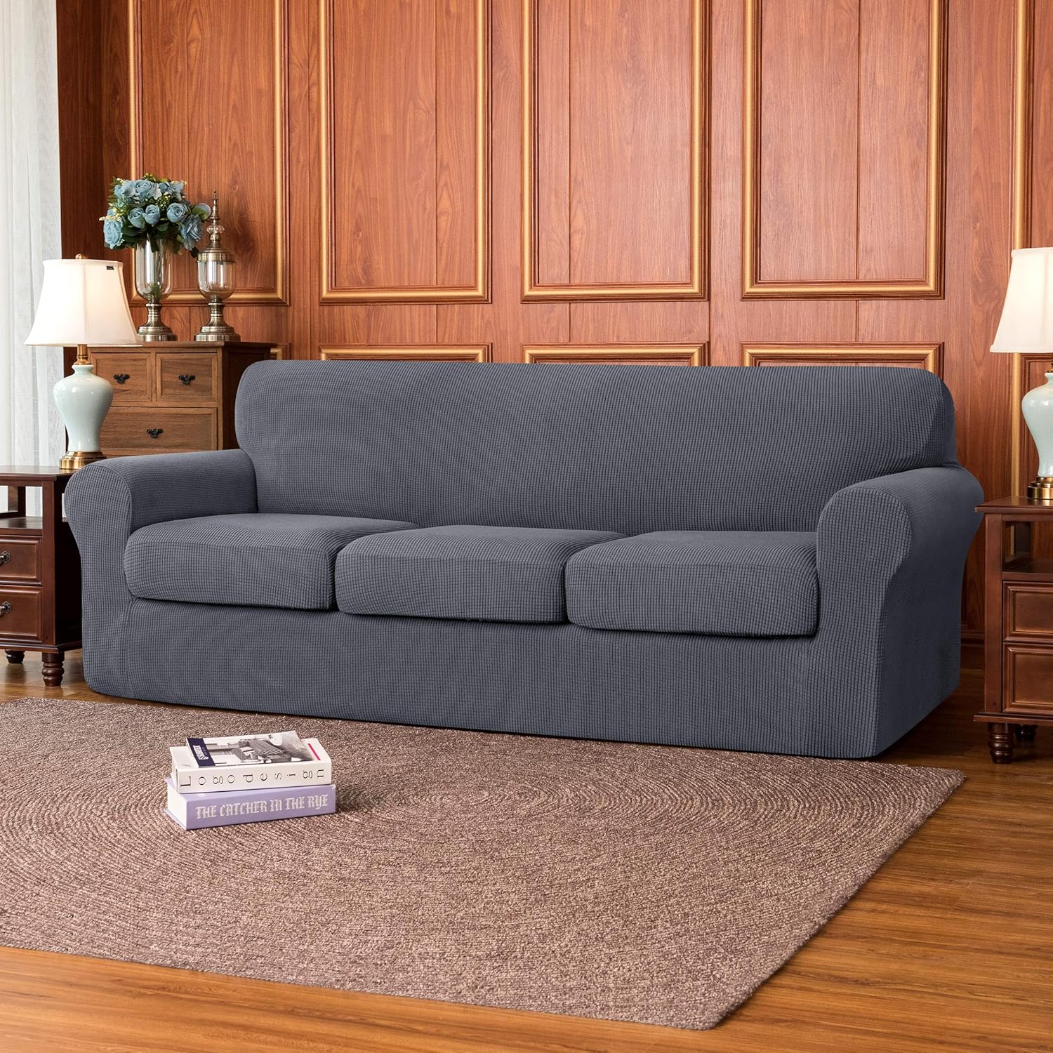 subrtex High Stretch Jacquard Slipcover with 3 Separate Cushion Common Couch Sofa Cover Coat for 3-Seater Conventional Settee Spandex Washable Furniture Protector (Large, Gray): Home & Kitchen