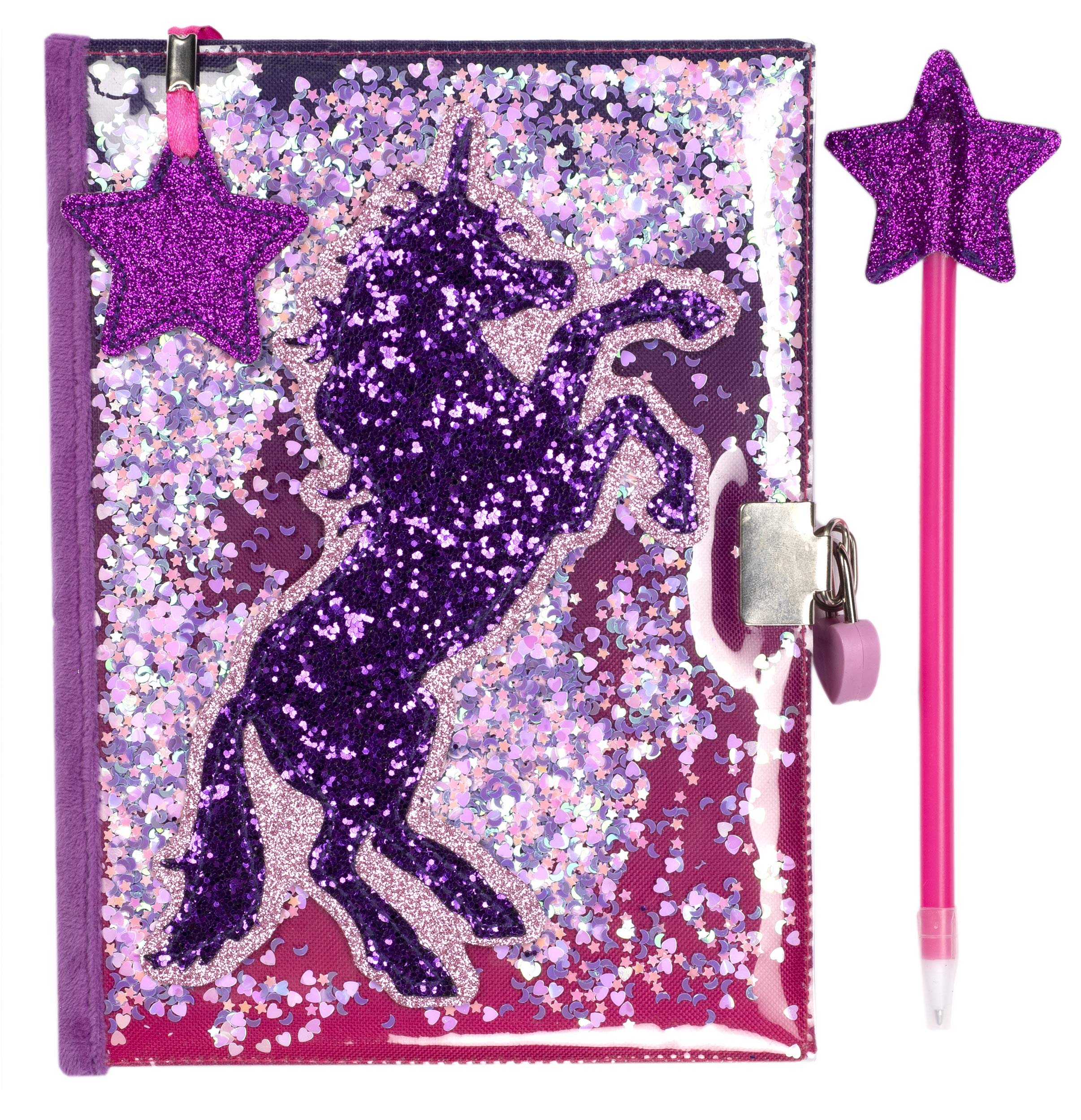 Fringoo Secret Diary for Girls Glitter Star Pen, 2 Keys, Heart Padlock and Matching Bookmark Girls Notebook Journal for Kids Gift for Girls - Glitter Unicorn