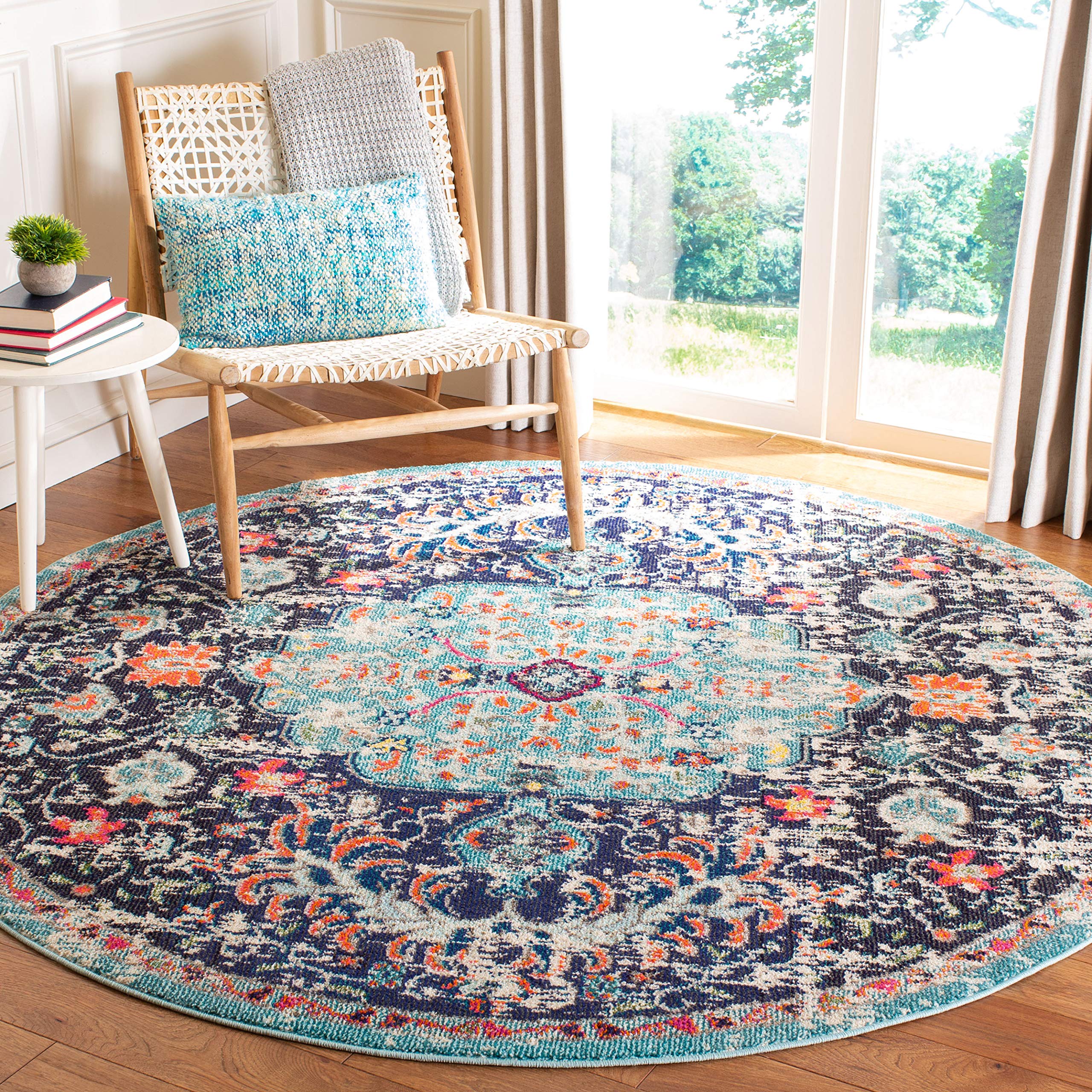 SAFAVIEH Madison Collection Accent Rug – 4′ Round, Black & Teal, Boho Chic Medallion Distressed Design, Non-Shedding & Easy Care, Ideal for High Traffic Areas in Living Room, Bedroom (MAD447Z-4R)
