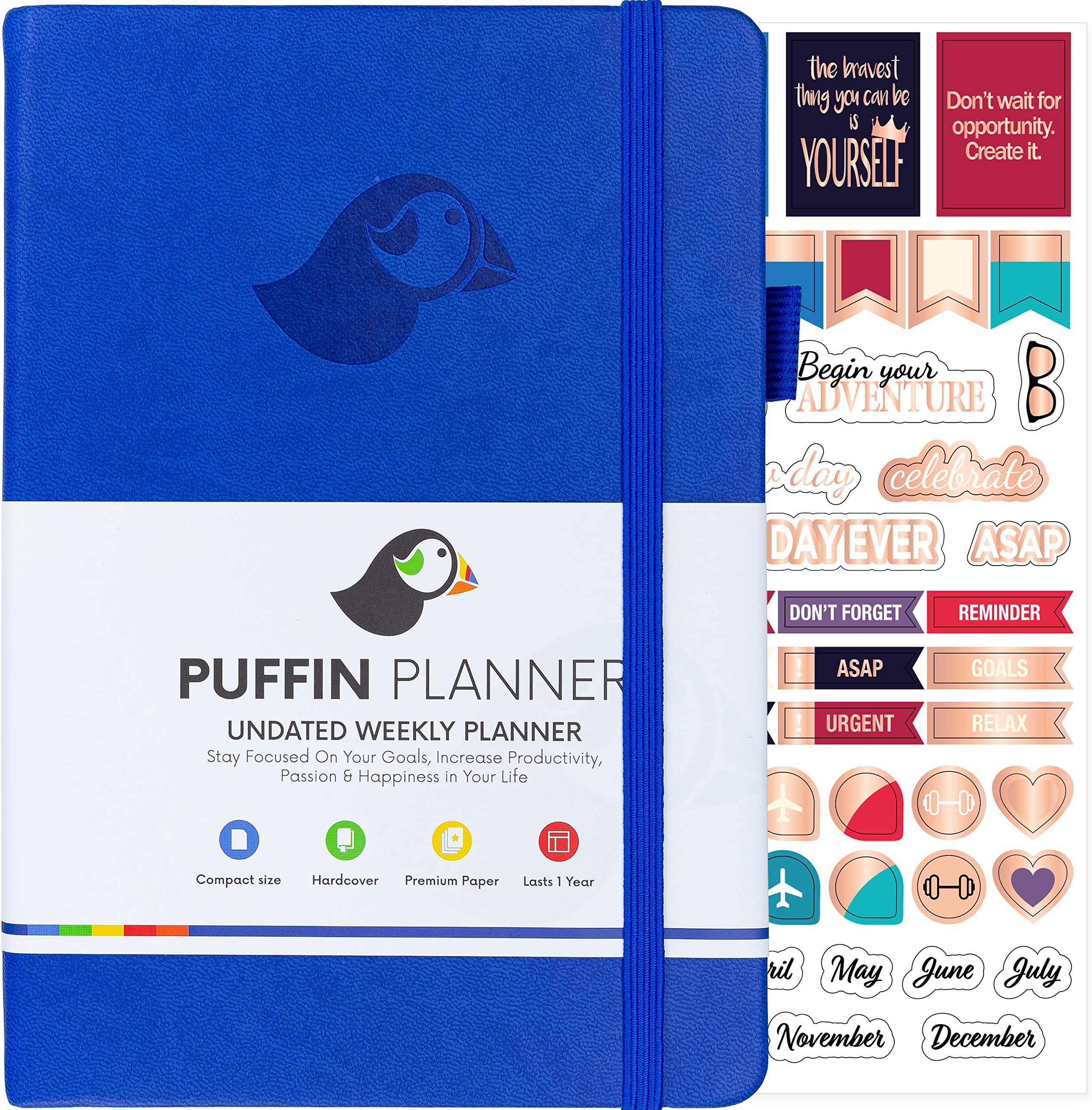 Puffin Planner - Simple and Customizable Weekly Planner, Organizer and Gratitude Journal To Crush Your Goals in 2019 - Lasts 1 Year - Undated - Bonus Stickers and User Manual Included (Blue)
