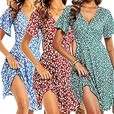 ChongBaiJia 3 Piece Womens Sundresses Summer Floral Short Sleeve Wrap V Neck A-Line Midi Casual Vacation Dresses 2025