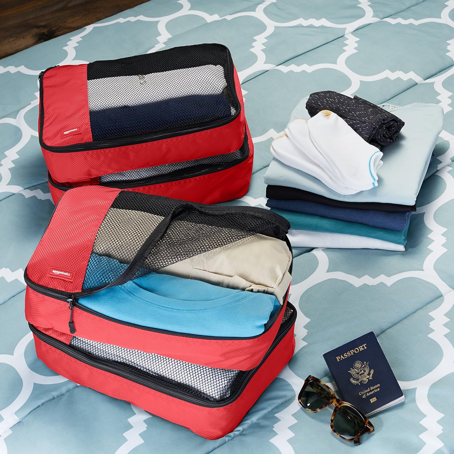  | Basics 4 Piece Packing Travel Organizer Cubes Set - Medium, Red | Packing Organizers