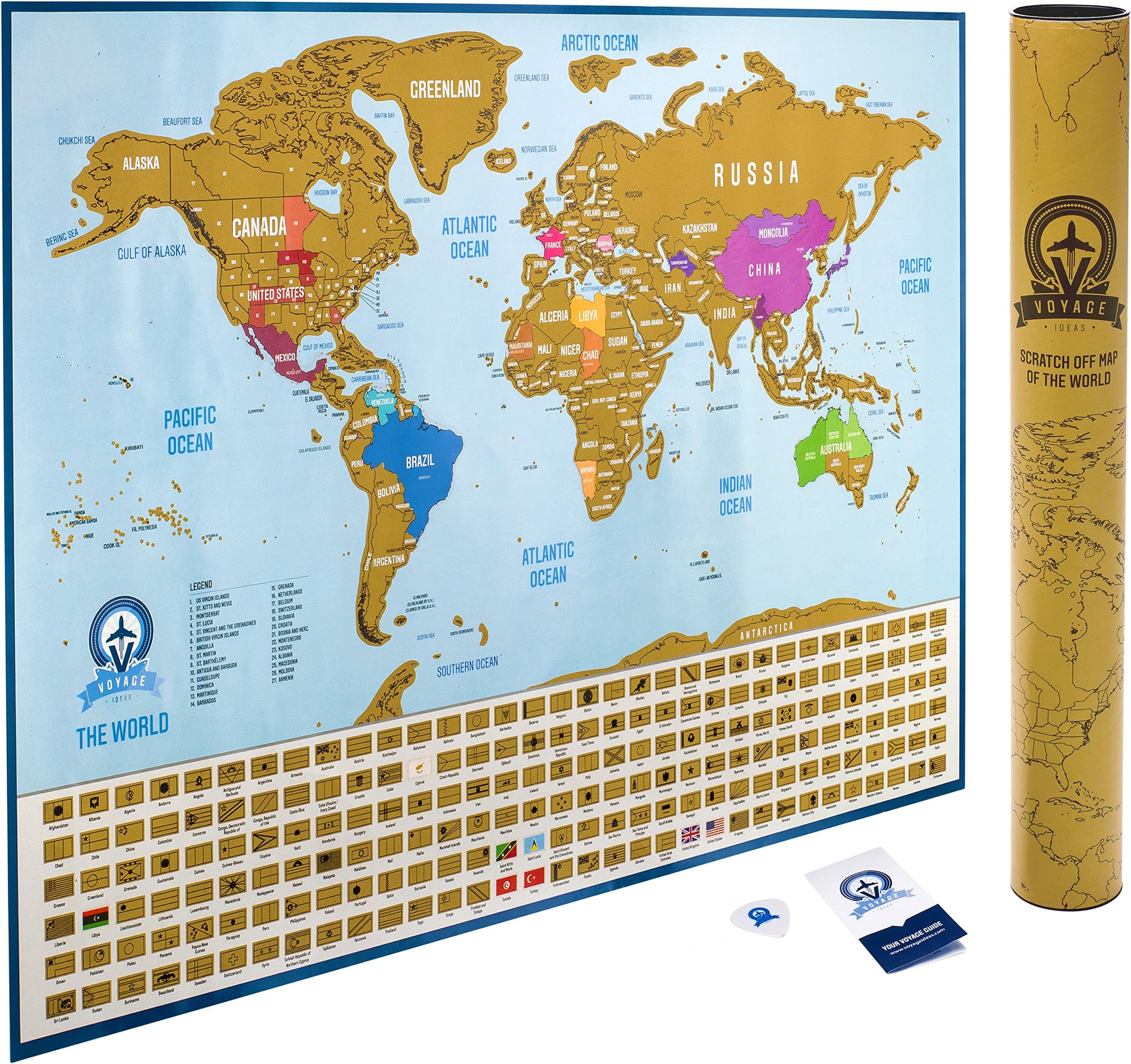 Unique Scratch Off World Map Poster | Scratch Off Your Travels, USA States Divided, Country Flags and Gift Packaging, By Voyage Ideas