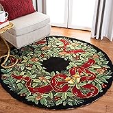 SAFAVIEH Vintage Poster Collection Area Rug - 5' Round, Black & Green, Handmade Christmas Wreath Novelty Wool, Ideal for High