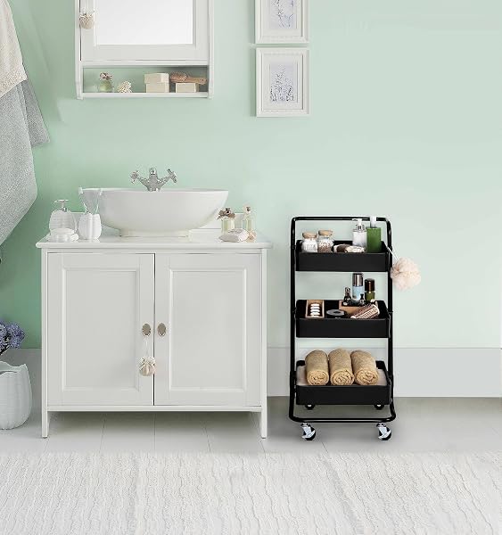 SEVILLE CLASSICS 3 BIN METAL ROLLING STORAGE UTILITY CART ORGANIZER TROLLEY W/LOCKABLE WHEELS FOR OFFICE, ART SUPPLIES, SCHOOL, SALON, KITCHEN, GARAGE, HOME, BLACK W/HANDLE